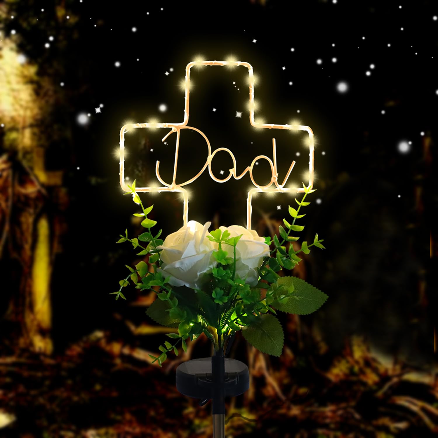 Lmtocs New Version Solar Cross Light for Cemetery Dad, 2 Modes with Rose Flower for Dad Grave Decorations, Waterproof Outdoor Li