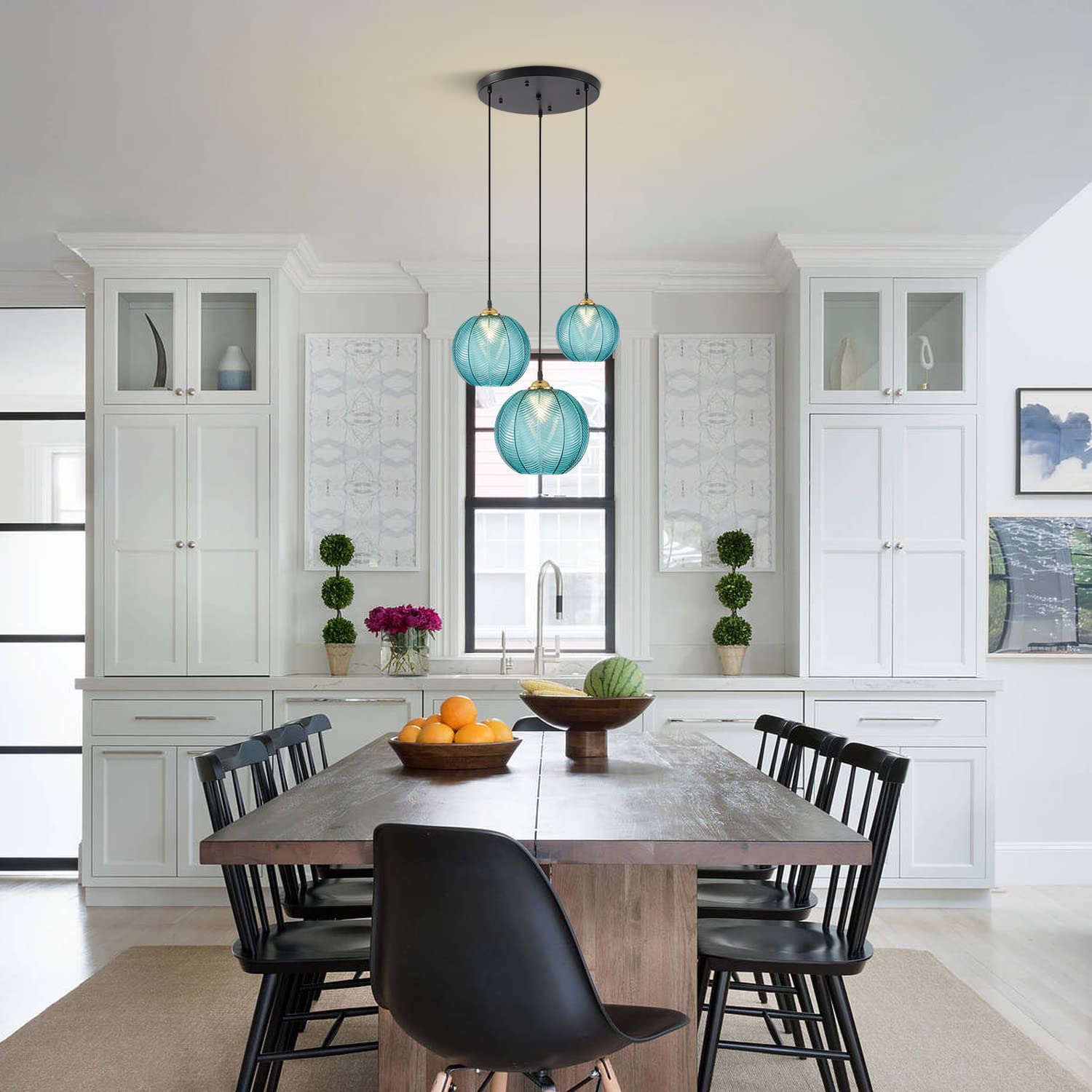 Kco 3-Light Blue Striped Glass Pendant Light Fixture - Vintage Mid-Century Chandelier