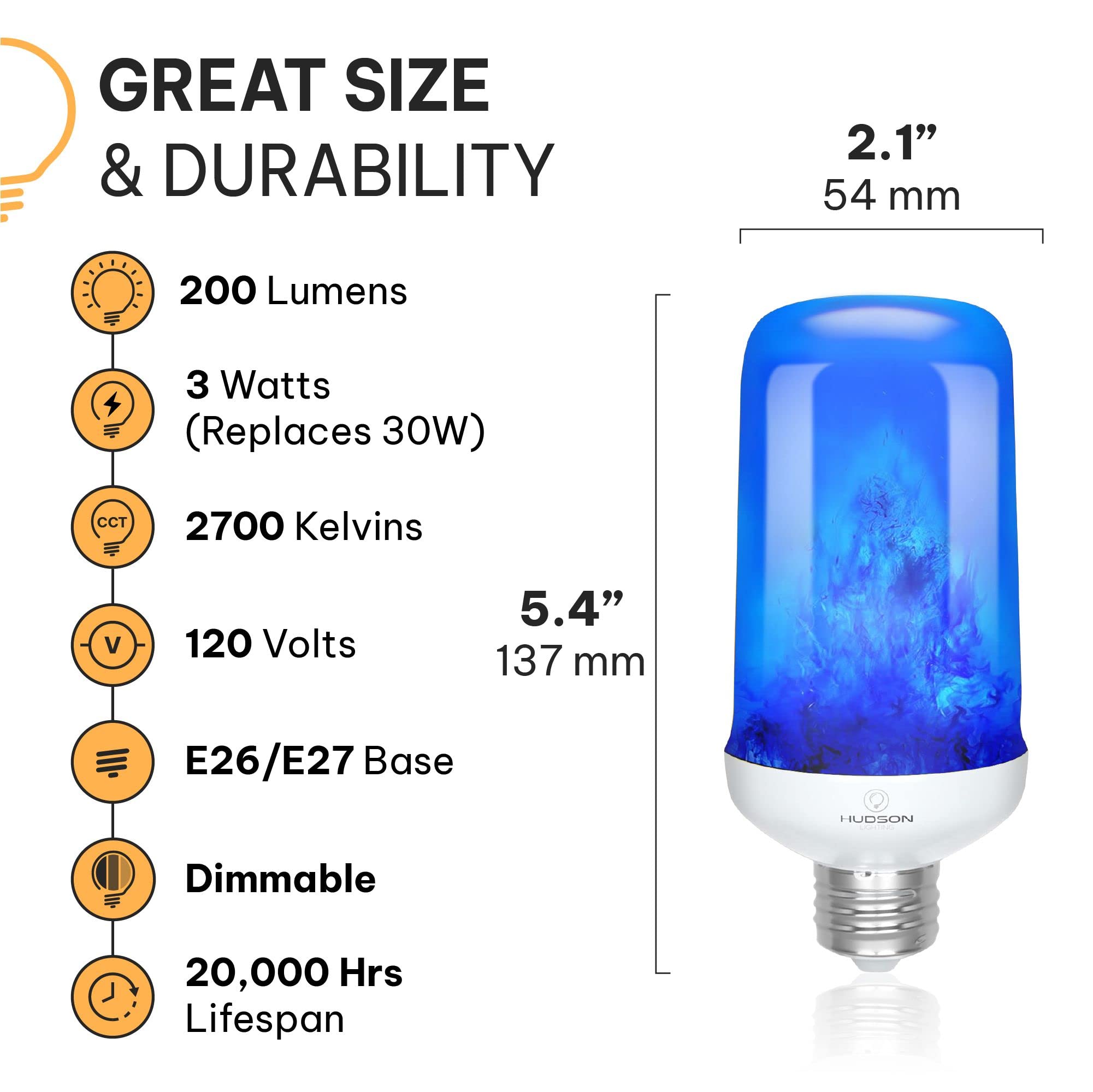 Hudson Blue Led Flame Effect Light Bulbs With 4 Mode Upside Down Effect - 3W Flicker Flame Light Bulb E26/E27 Base (2 Pack) - Flickering Light Bulb Blue Fire Light Flame Bulb For Indoor/Outdoor/Home