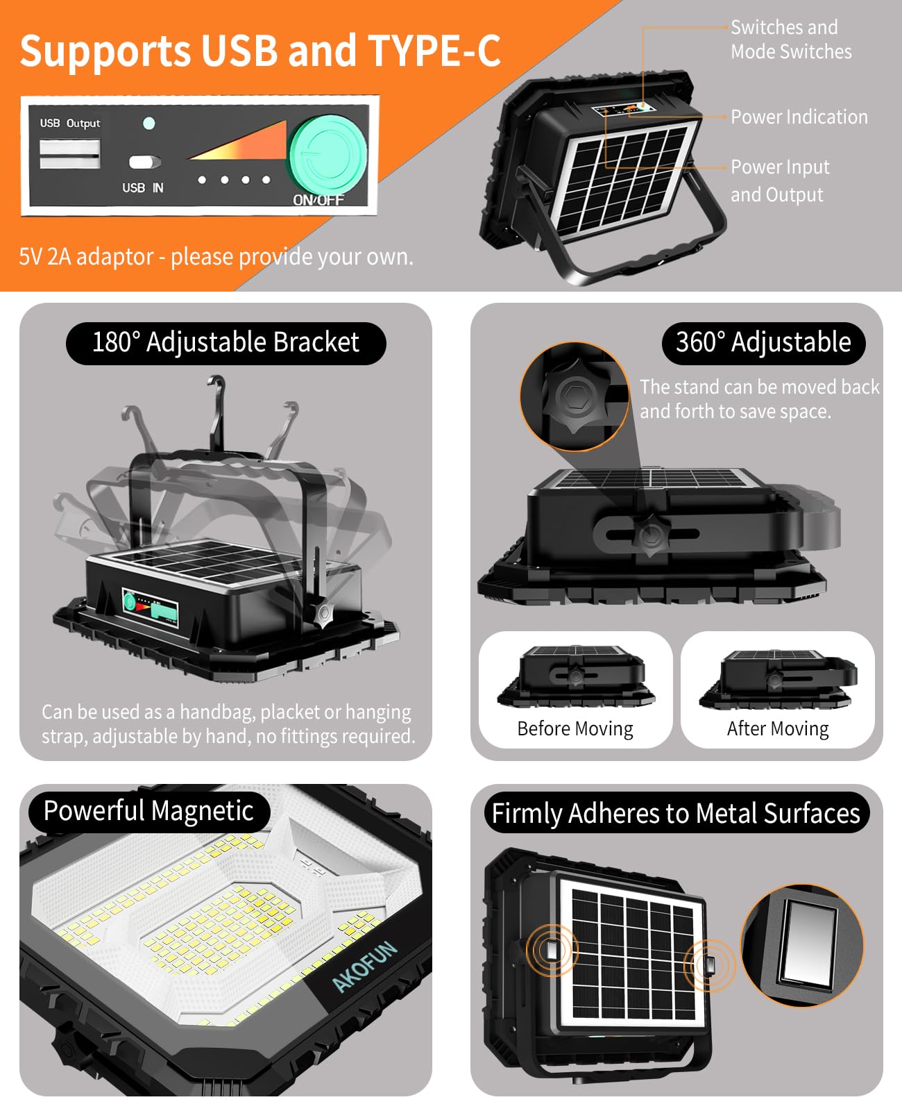 Akofun 200W Led Solar Work Light Rechargeable, 16000Lm Magnetic Worklight 3000K/4500K/6500K, 16000Mah Battery, Ip66 Waterproof P