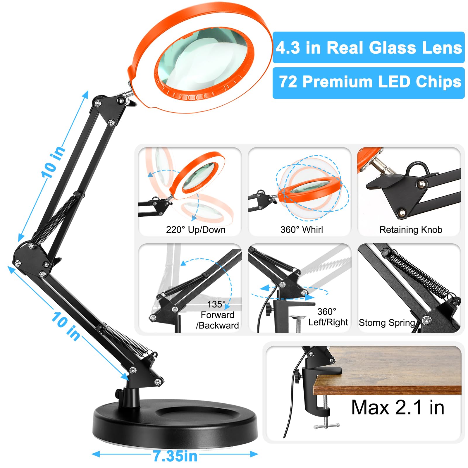 Coyeth 10X Magnifying Glass with Light, Stepless Dimmable, Clamp Stand, LED Desk Lamp, Black Orange, Model CTL-C6