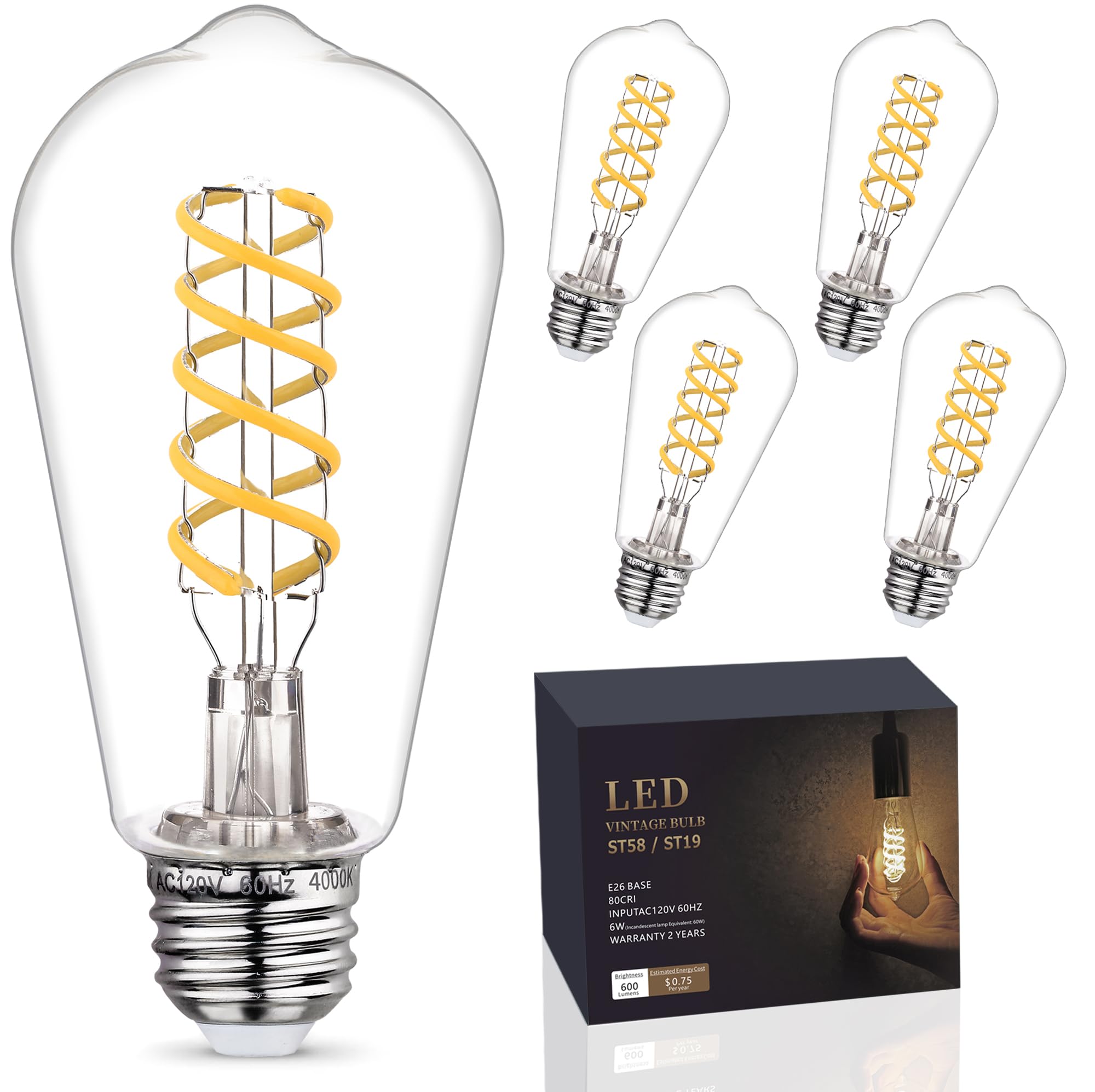 Emymlite 4-Pack Dimmable Vintage Led Edison Bulbs, E26 Led Bulb 60 Watt Equivalent, Neutral White 4000K, St19/St58 Antique Spira
