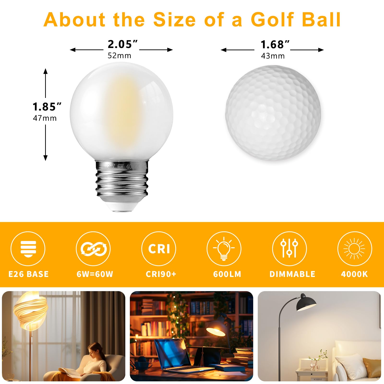 Decoaui E26 G16 Led Globe Light Bulbs  Frosted Glass  4000K Daylight White  6W(60W Equivalent)  600 Lumins  Dimmable  6Pack