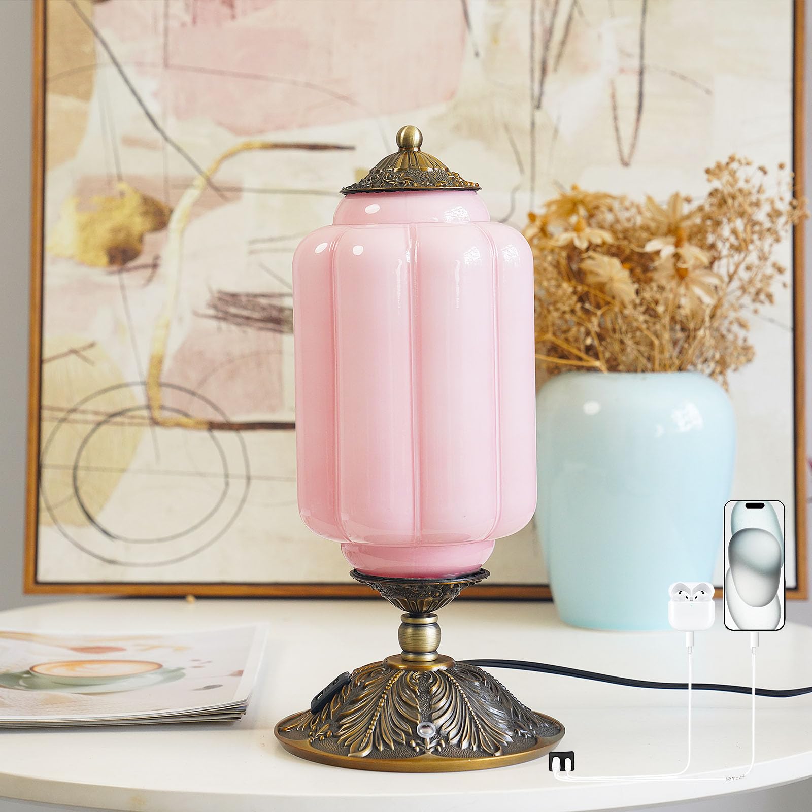 YESIDS Vintage Pink Glass Touch Table Lamp  Elegant Milk Glass Bedside Desk Lamp 3 Way Dimmable with USB C+A Charging Ports - Bedroom Nightstand & Living Room Essential  4W Bulb Included (Pink  6.5)