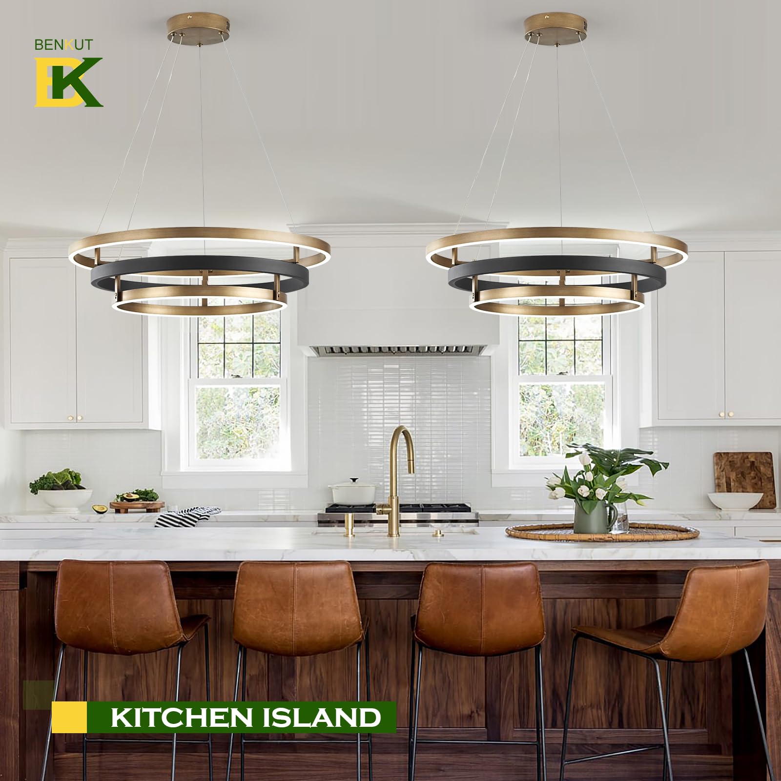 Benkut Modern LED Chandelier, Dimmable 3-Ring Pendant Light, 23.6 in, Black Gold, Remote Control, Ideal for Dining Room & Living Room