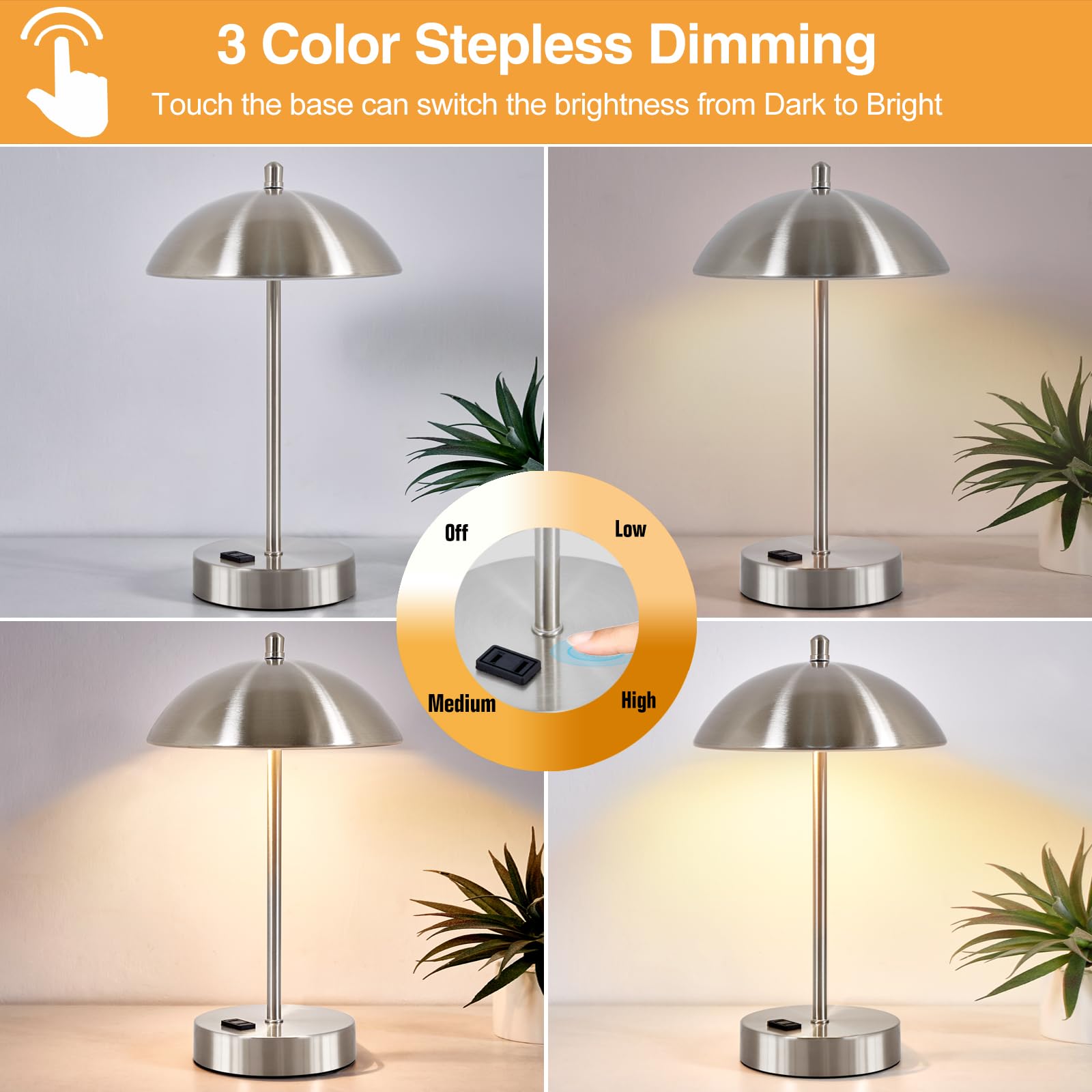Modern Desk Lamp With Ac Adapter,12'' 3-Way Dimmable Touch Bedside Reading Lamp, Minimalist Silver Small Nightstand Table Lamp W
