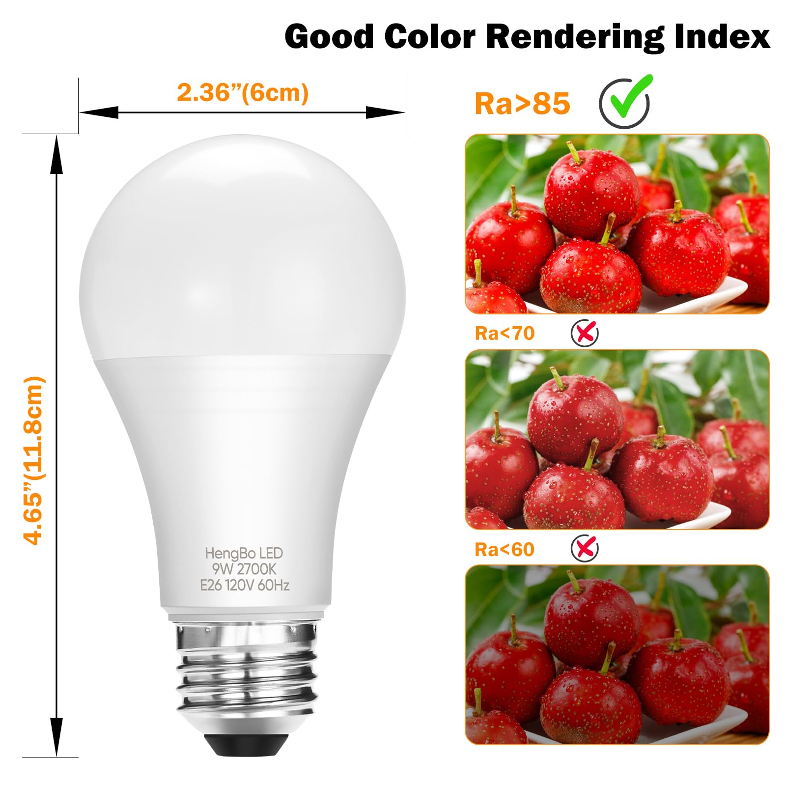 Hengbo 60W Led Light Bulb, 2700K Warm White, 950 Lumens, E26 Base, Pack