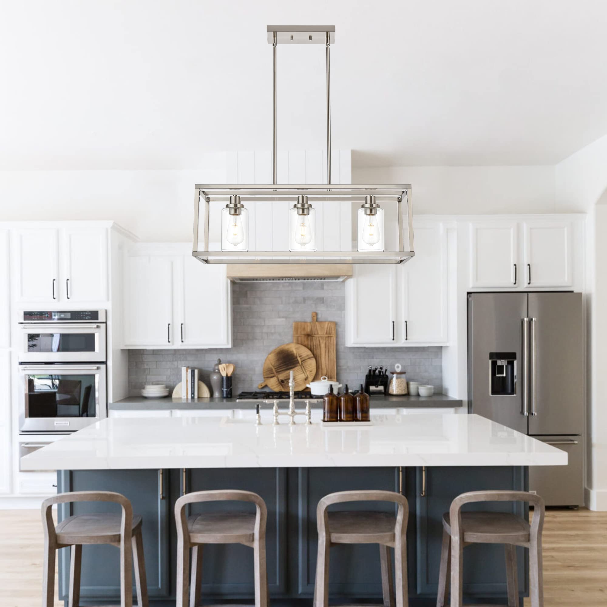 MELUCEE Rectangle Chandelier 3-Light Brushed Nickel Glass 26 inches for Dining Room, Kitchen Island, Hallway, Living Room