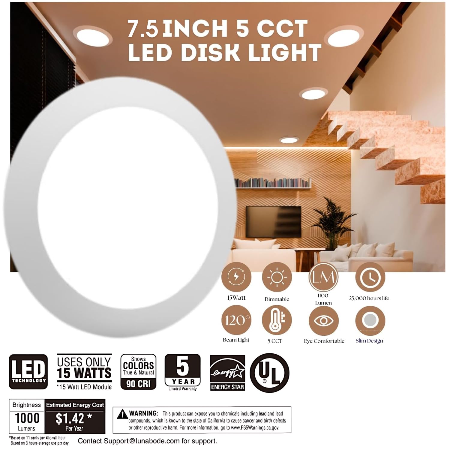 Lunabode Led 7.5 Inch Disc Light- 1 Pack Dimmable Ceiling Light Fixtures | 5Cct Led Lights 2700K/3000K/3500K/4000K/5000K | Flush