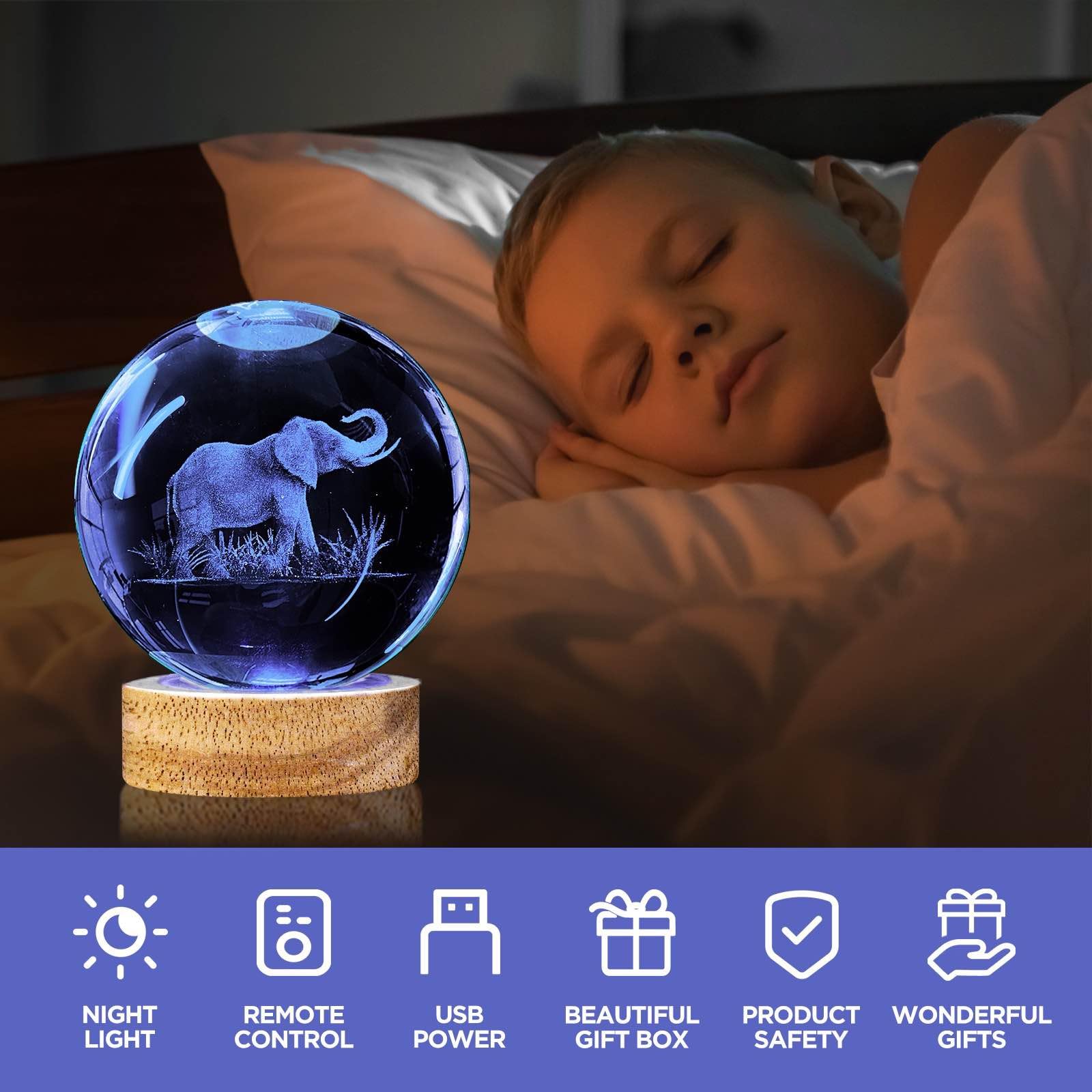 Yylzephb 3D Elephant Crystal Ball Night Light With Woodern Base, 3.15'' Elephant Figurines Glass Lamp With 16 Colors Cool Desk D