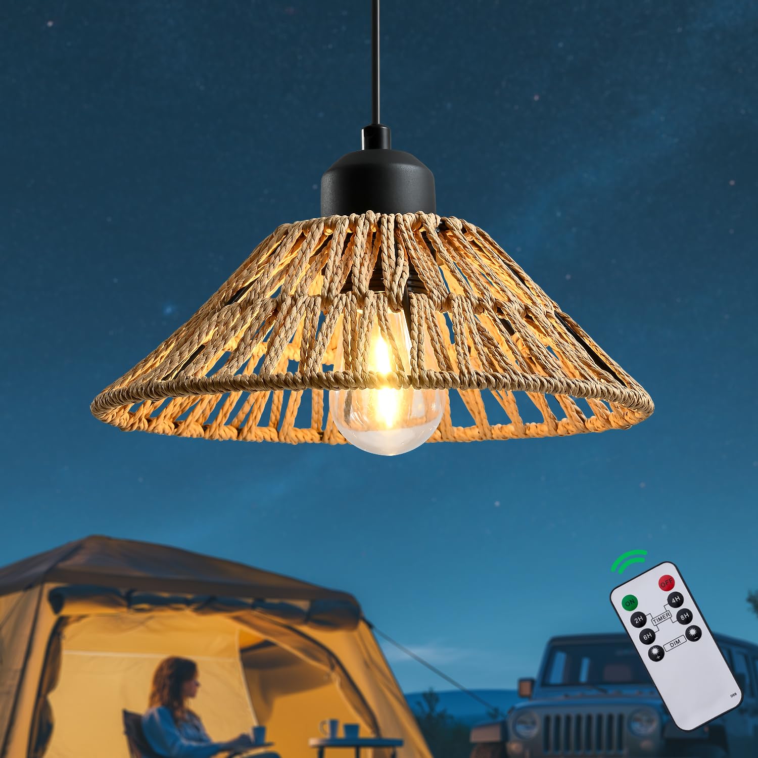 HuixuTe Battery Operated Outdoor Chandelier, Gazebo Lights Outdoor Pendant Light with Remote Control, Waterproof Outdoor Boho Ha