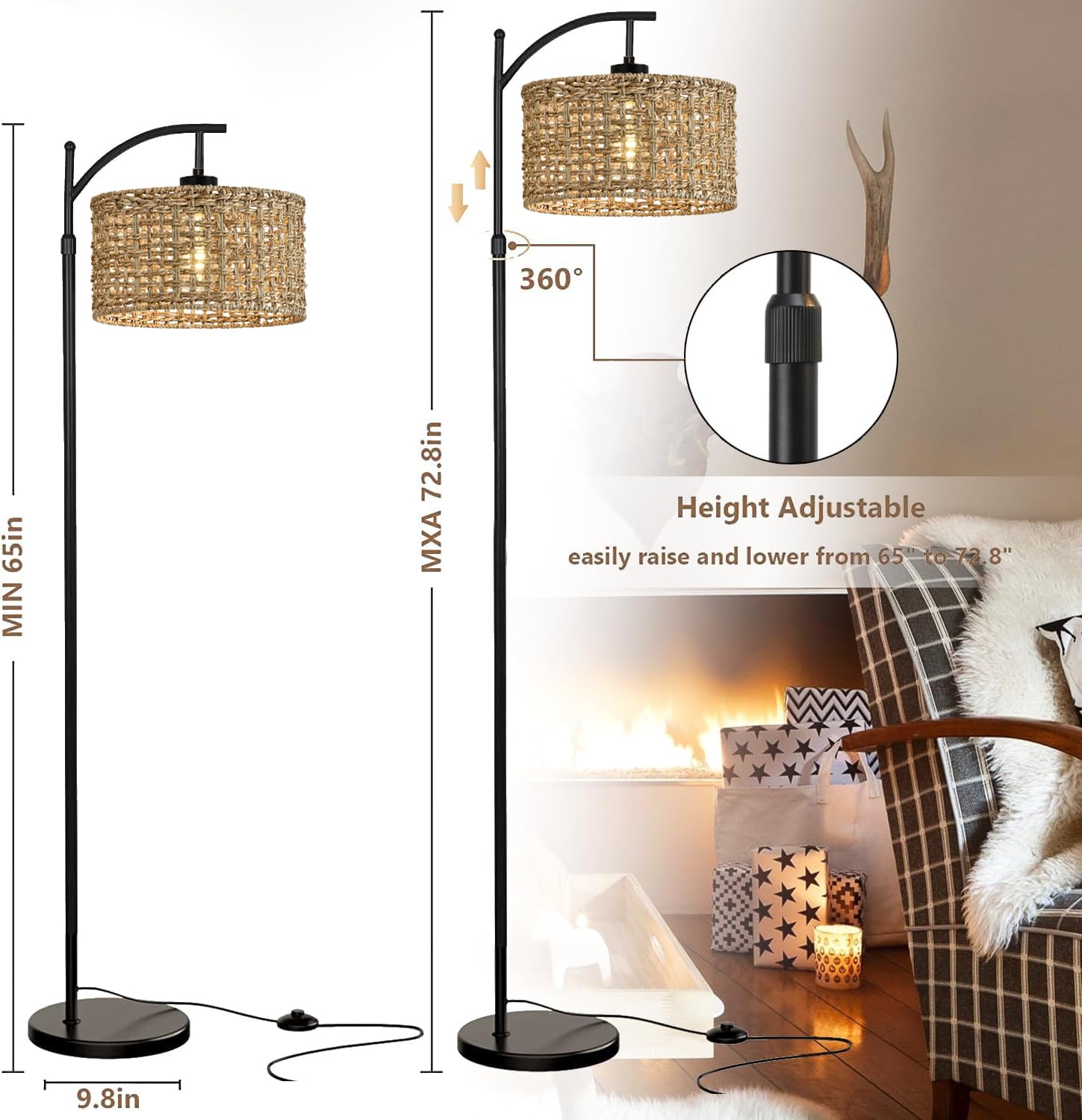 Arc Floor Lamp For Living Room With Remote Control,Farmhouse Boho Floor Lamps With 3 Color Temperature,Rustic Standing Lamp With Rattan Wicker Shades,Adjustable Tall Lamp For Bedroom,Office,Reading