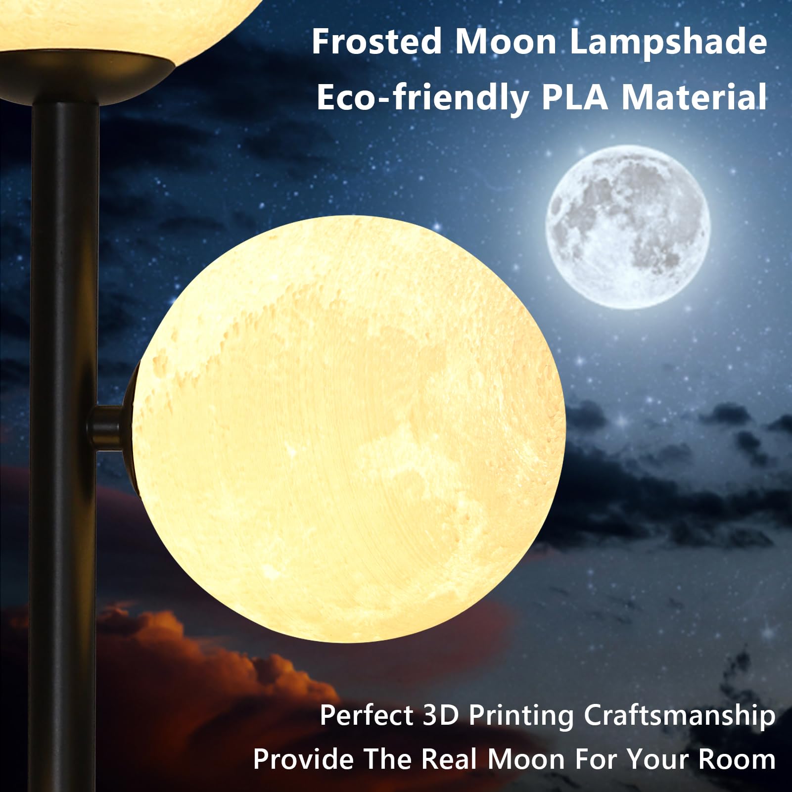 3 Globe Floor Lamps For Living Room, Black Standing Lamp With Led G9 Bulbs, Modern Floor Lamp With 3D Moon Printing Frosted Shad