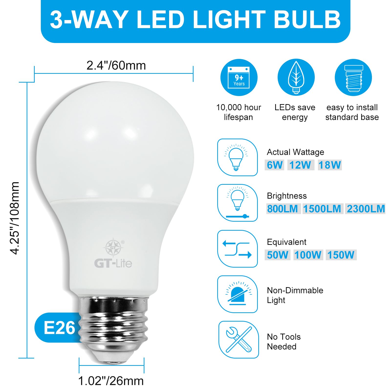 Gt-Lite 150W Equivalent 3 Way Led Light Bulbs,3500K Bright White6 Pack,A19,E26 Medium Base,3 Brightness Levels,Adjustable With 3