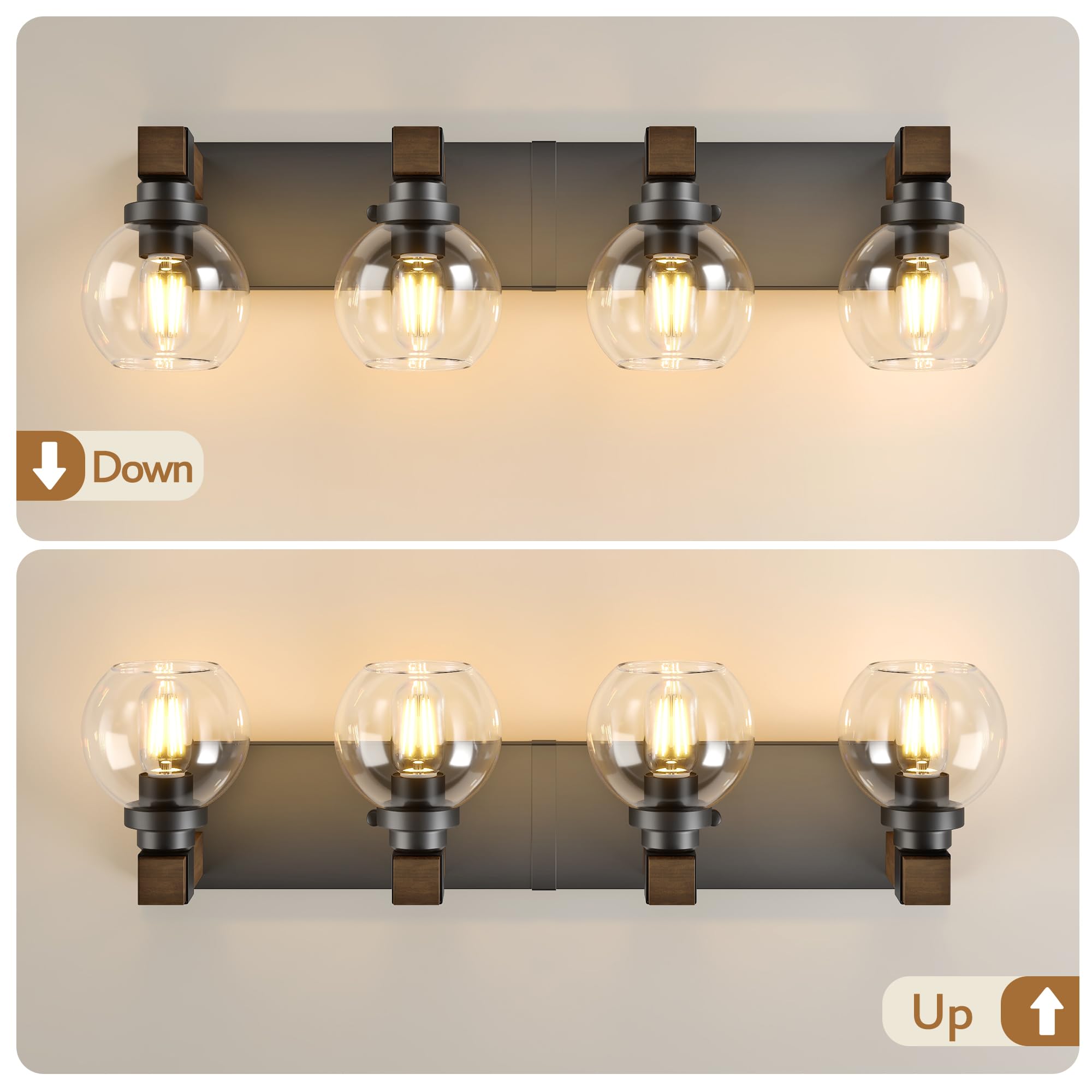 Farmhouse Bathroom Vanity Light Fixtures  4-Light Wood Bathroom Light Fixtures Over Mirror  Rustic Sconces Wall Lighting With Glass Shade For Living Room  Bedroom  Hallway