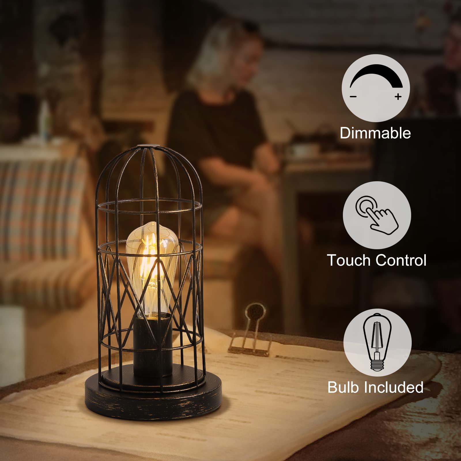 Seaside Village Industrial Table Lamp - Small 3-Way Dimmable Touch Lamp with Rustic Cage, Black Base, LED Bulb Included, Perfect for Bedroom & Living Room