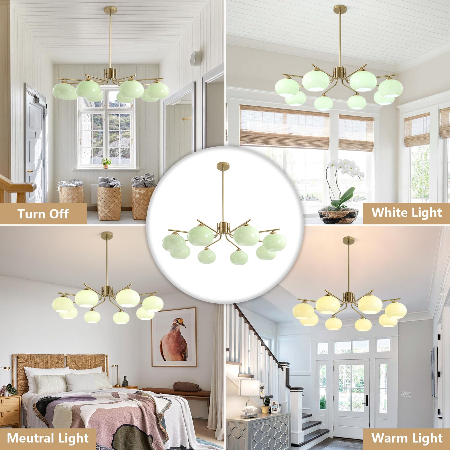 KCO Lighting 8-Light Green Glass Chandelier Mid Century Modern Metal Fixture Model L1158-8-G