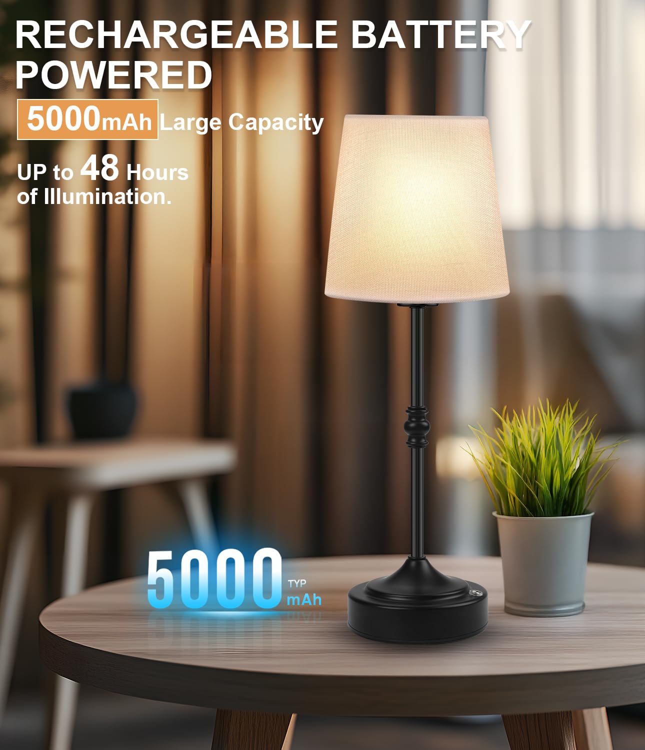 Swinerton Cordless LED Table Lamp - 5000mAh, 3-Level Brightness, Portable Black Night Light for Home, Patio, Restaurant, Model 80010022