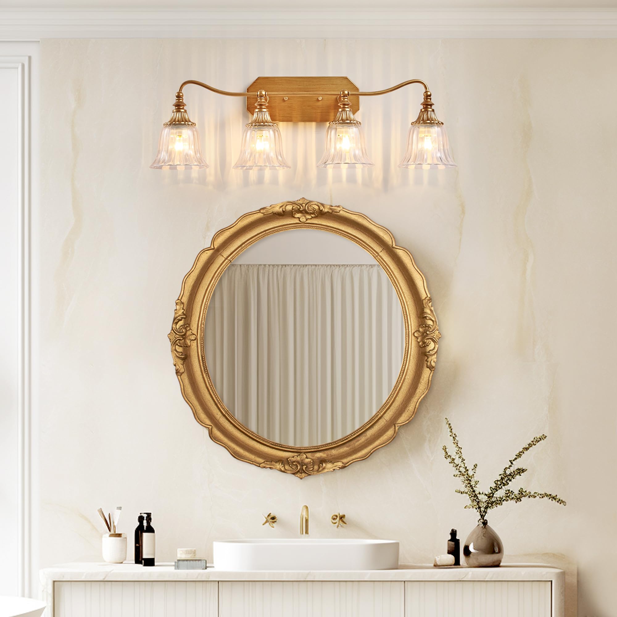 LmnLvn Bathroom Vanity Light Fixture, 4 Lights, Gold Antique Brass with Crystal Shade, Vintage Bathroom Lighting