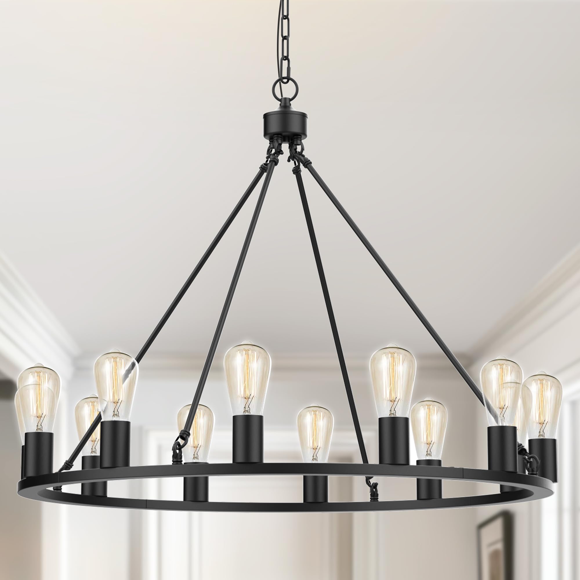 L Lohas Led Black Farmhouse Chandeliers For Dining Room, 12-Light Wagon Wheel Chandelier Over Table, Height Adjustable, 32'' Din