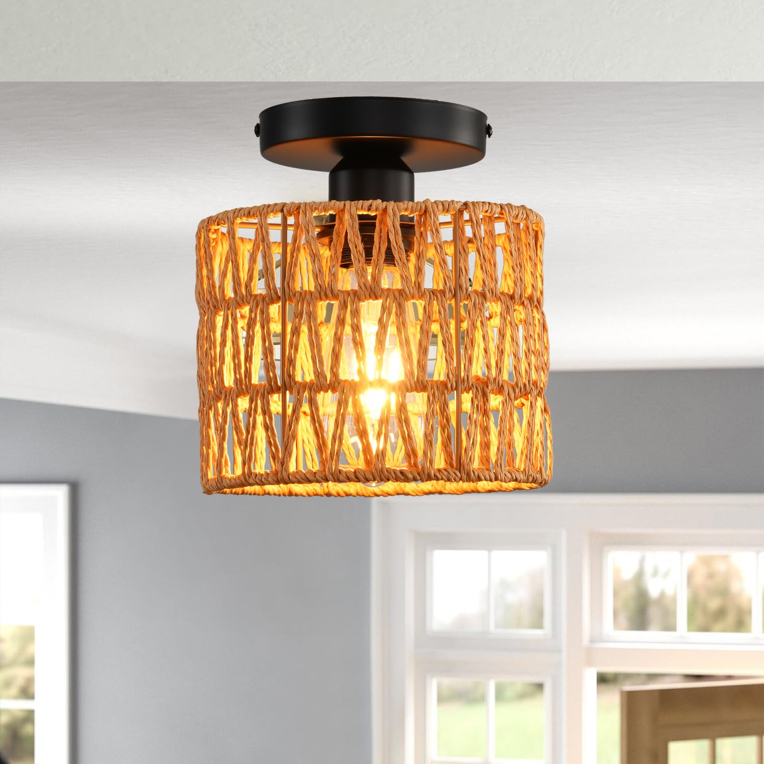 KENMI Ceiling Light Fixture, Hand-Woven Rattan Flush Mount, Brown, 1 Pack, Metal, Model C1