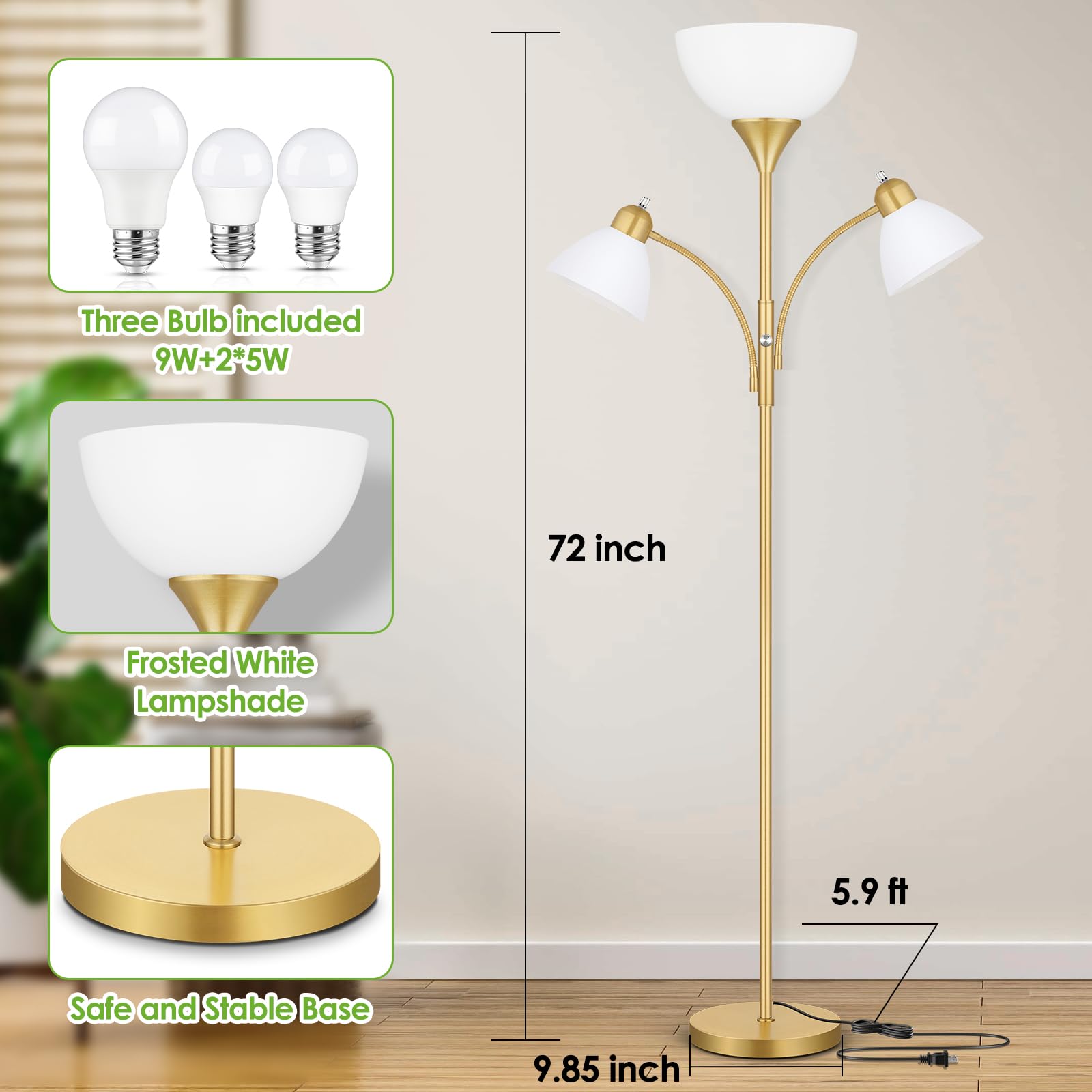 Coucrek 72" Dimmable Floor Lamp with 2 Reading Lights, Gold Metal Torchiere, Model HD-FL8001, Perfect for Living Room and Bedroom