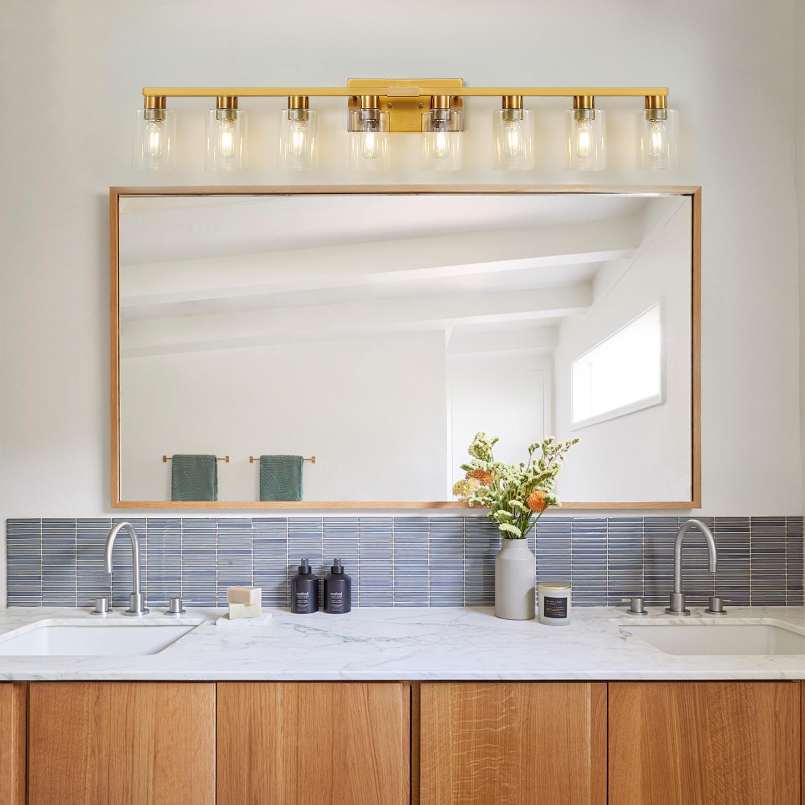 Hdasic 8 Light Gold Bathroom Light Fixtures  Modern Large Vanity Lights With Clear Glass Shade  Brushed Brass Bathroom Lighting Fixtures Over Mirror  Wall Scones Light For Bedroom  Living Room