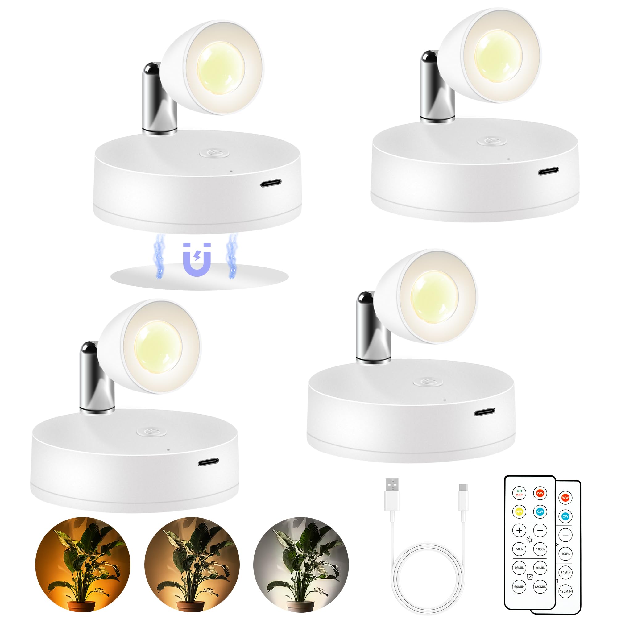 4 Pack Spot Lights Indoor, Rechargeable Wireless Plant Spotlight Indoor, 3 Cct Battery Operated Spotlights Indoor Mini Spotlight, Ambient Lighting For Picture Wall Backdrop Decor