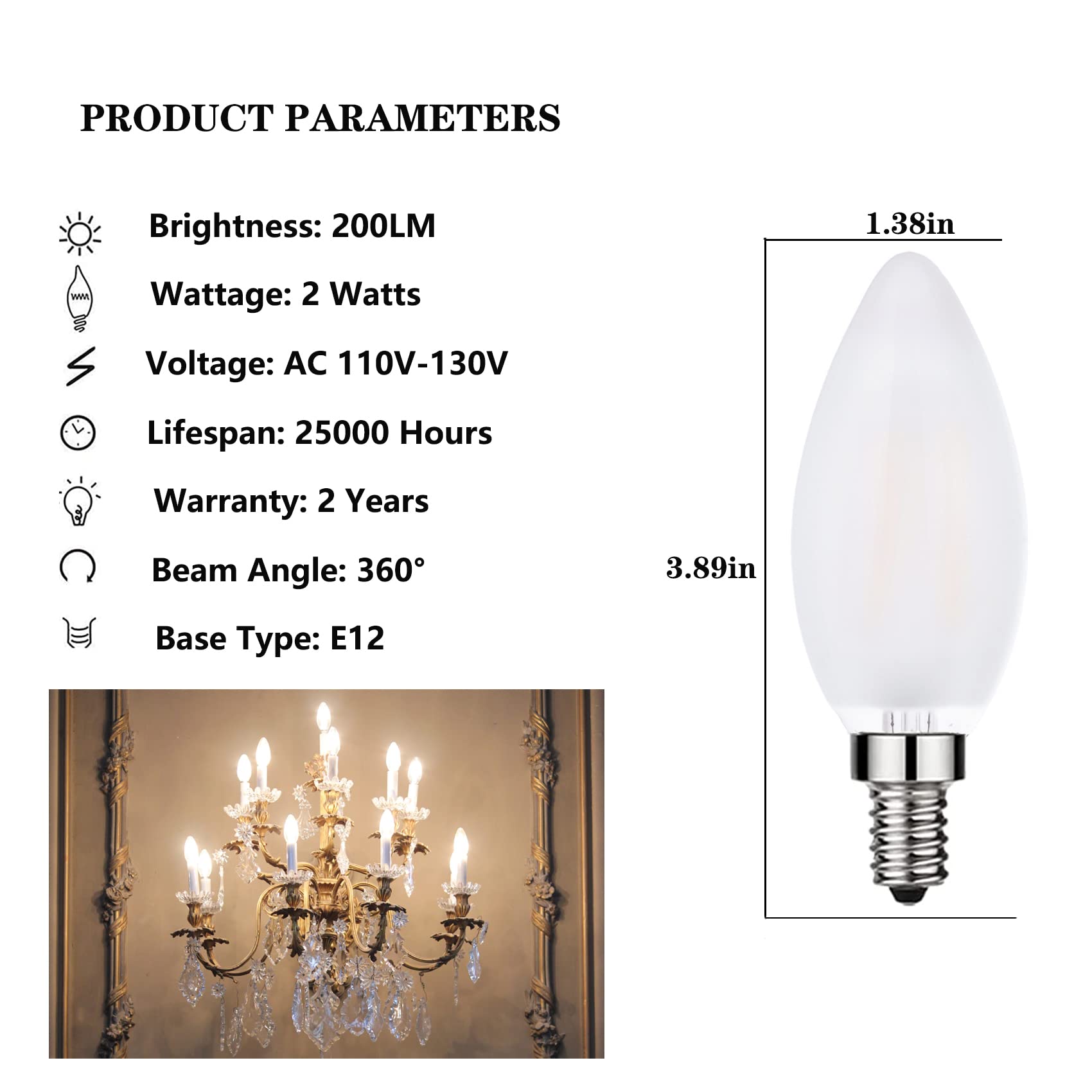 Shuwdkar Frosted Led Candelabra Bulbs E12 Led Bulbs 25Watt Equivalent, 2W Dimmable B11 Vintage Chandelier Light Bulbs Warm White