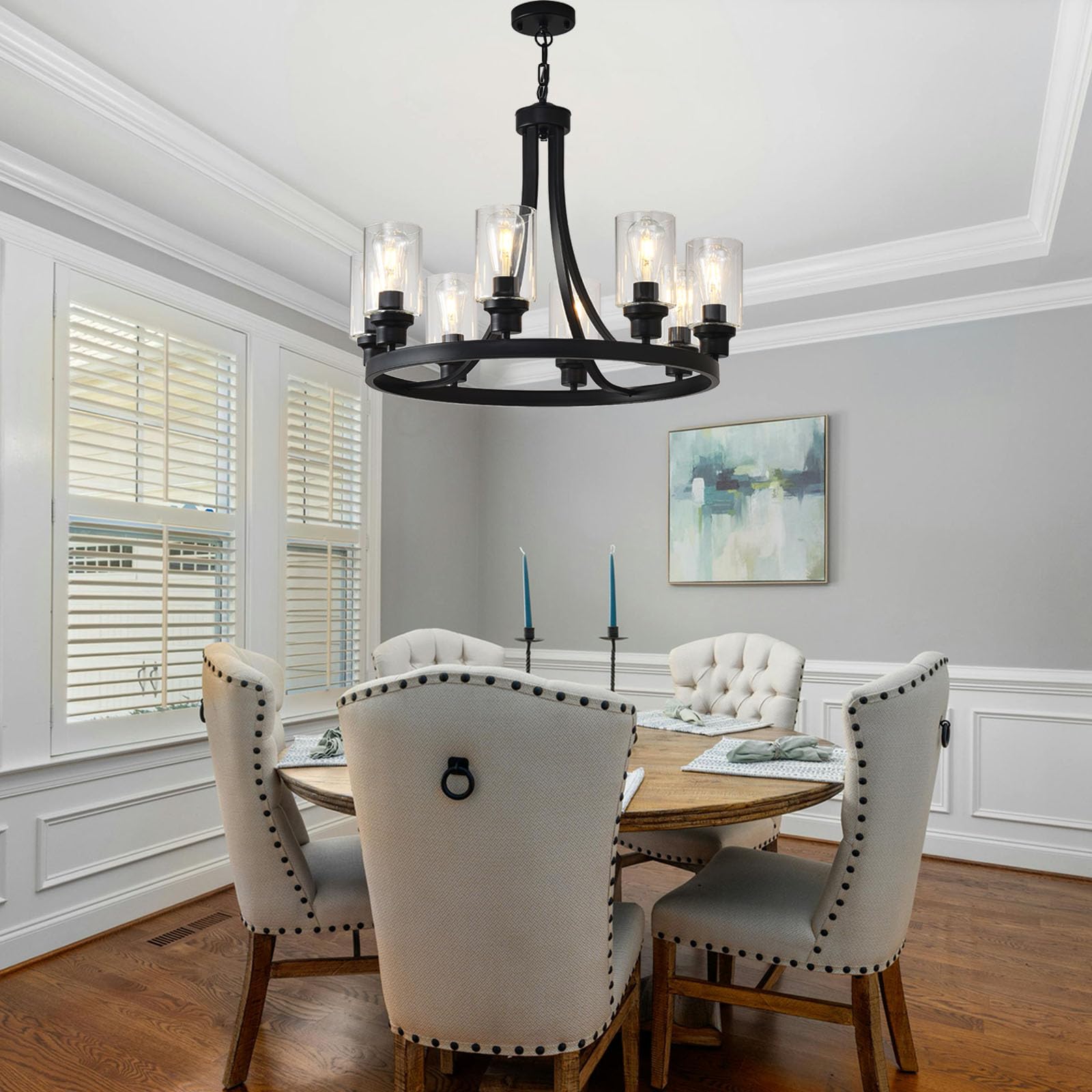 LOFTPLUS Farmhouse Chandelier - 8-Light Black Rustic Wagon Wheel Ceiling Fixture for Dining Room, Living Room, Kitchen Island