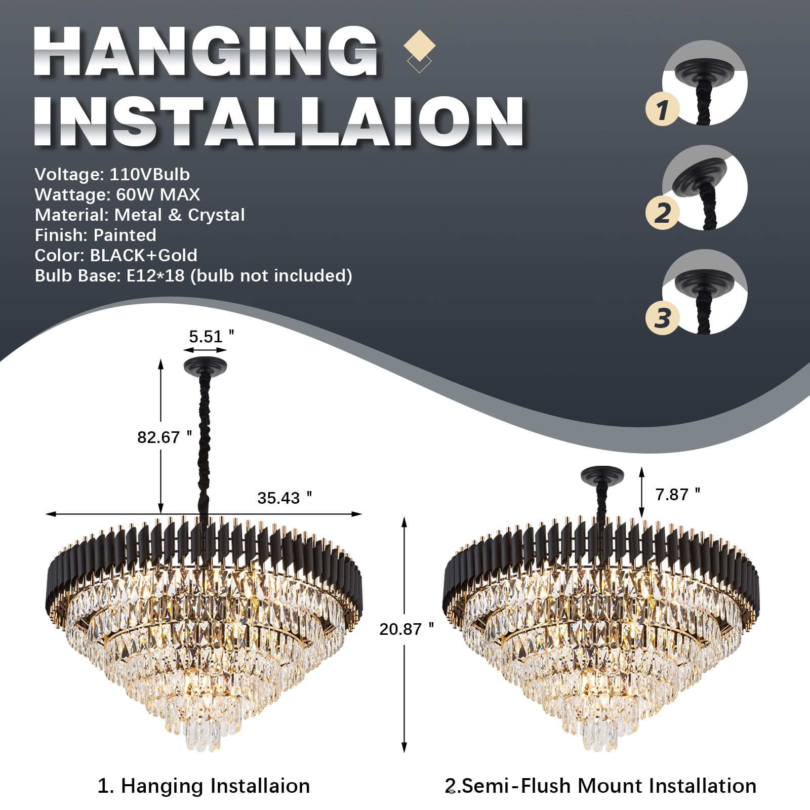 brfaixla 7-Tier Crystal Chandelier, 35.4" Diameter, 18-Light, Black & Gold, Modern Ceiling Light Fixture for Living Room, Villa, Foyer