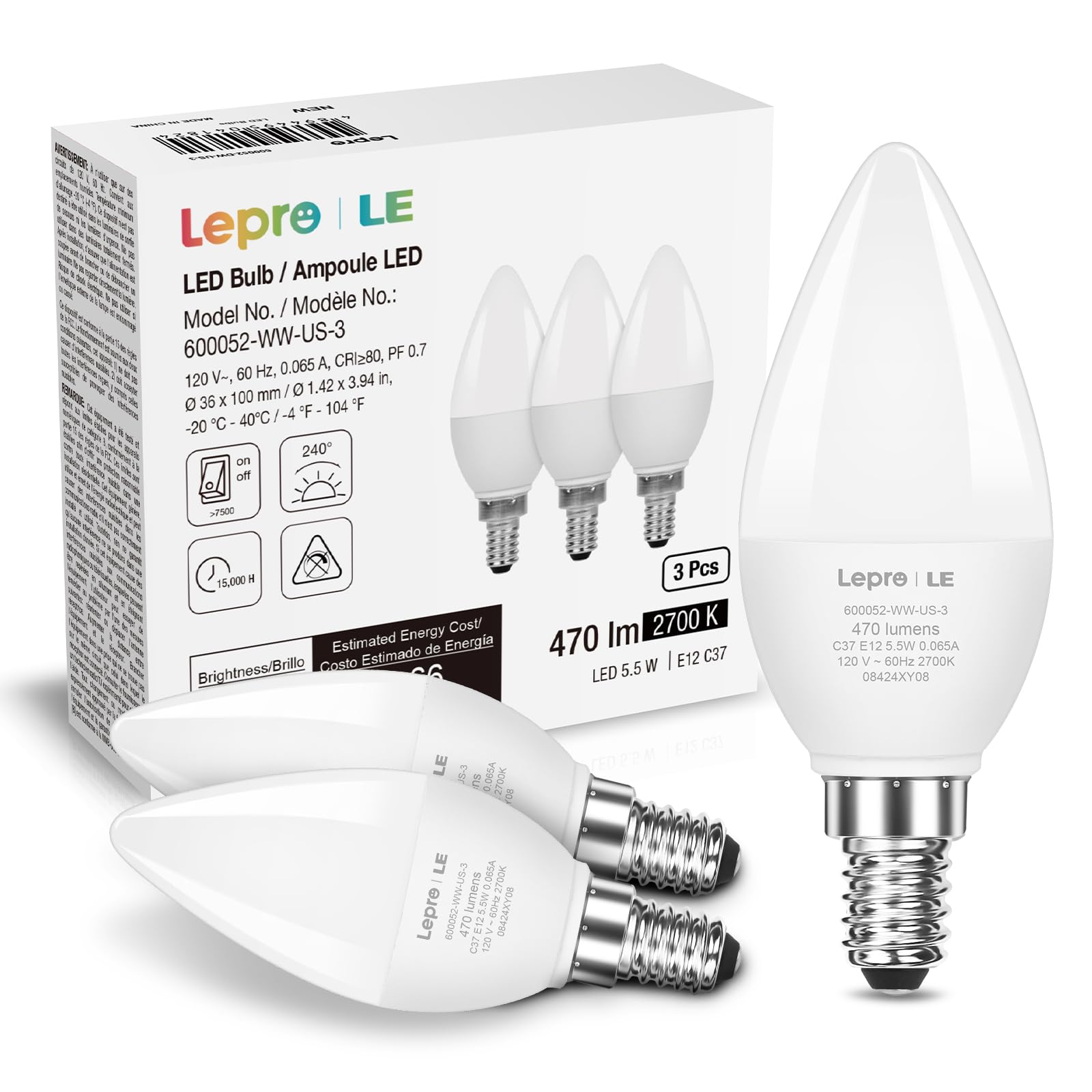 Lepro E12 Led Candelabra Light Bulbs, 5.5 Watt, 40 Watt Equivalent C37 B11 Ceiling Fan Bulb Chandelier Bulbs, 2700 Kelvin Warm W
