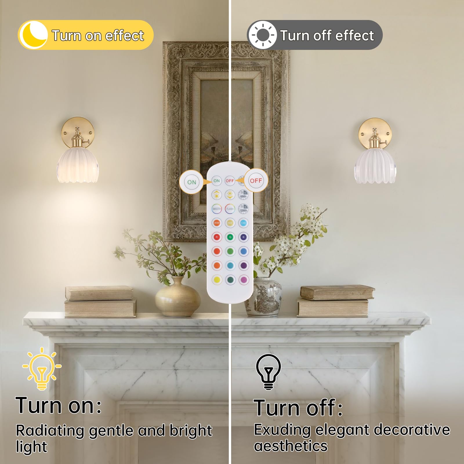 Shenmoyl Vintage Wall Sconce - Battery Operated, Remote Control, Glass, Tulip White, Set of 2