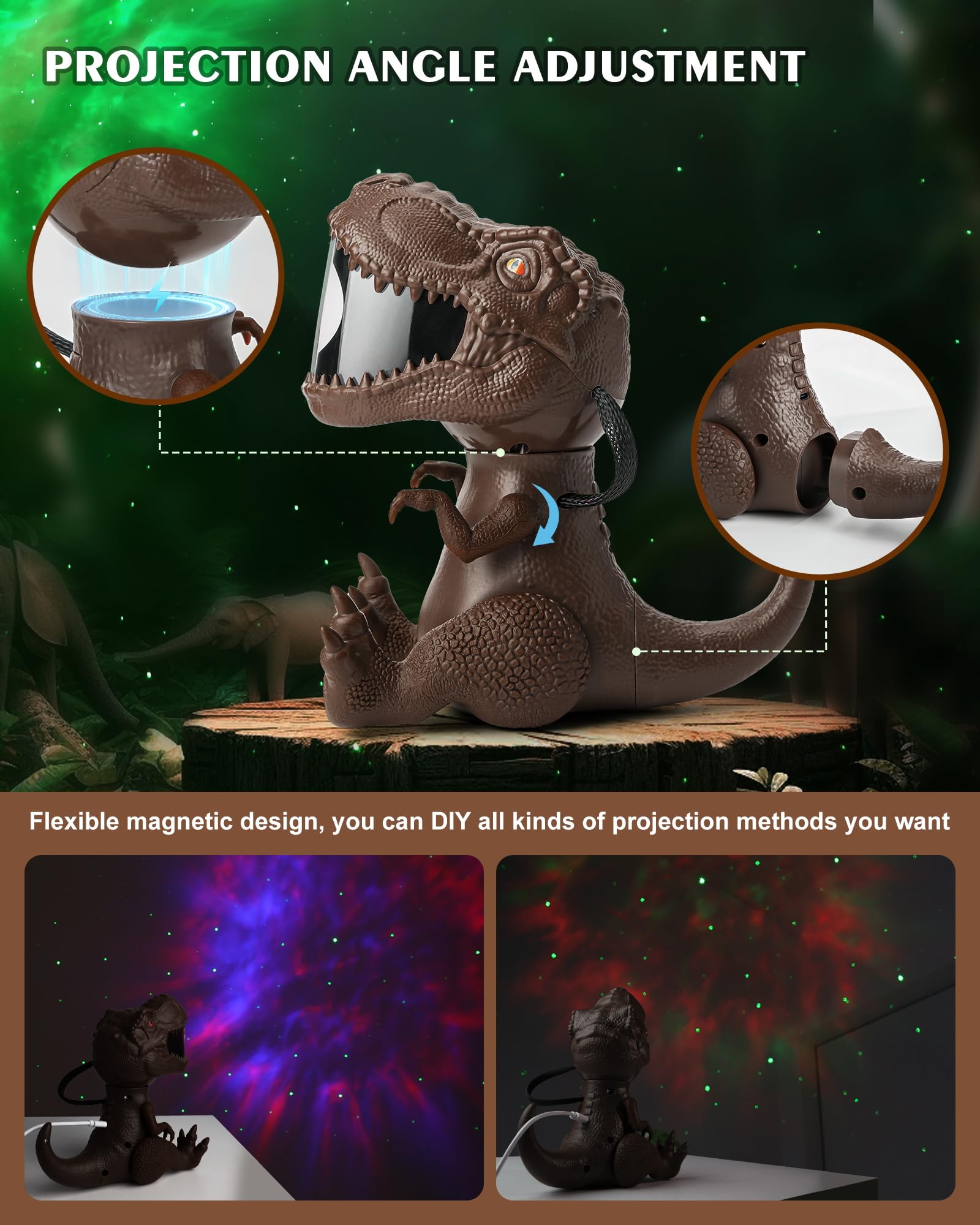 Dinosaur Star Projector Night Light: Galaxy Projector Light For Kids Bedroom Ceiling Decor Christmas Gift (Brown)