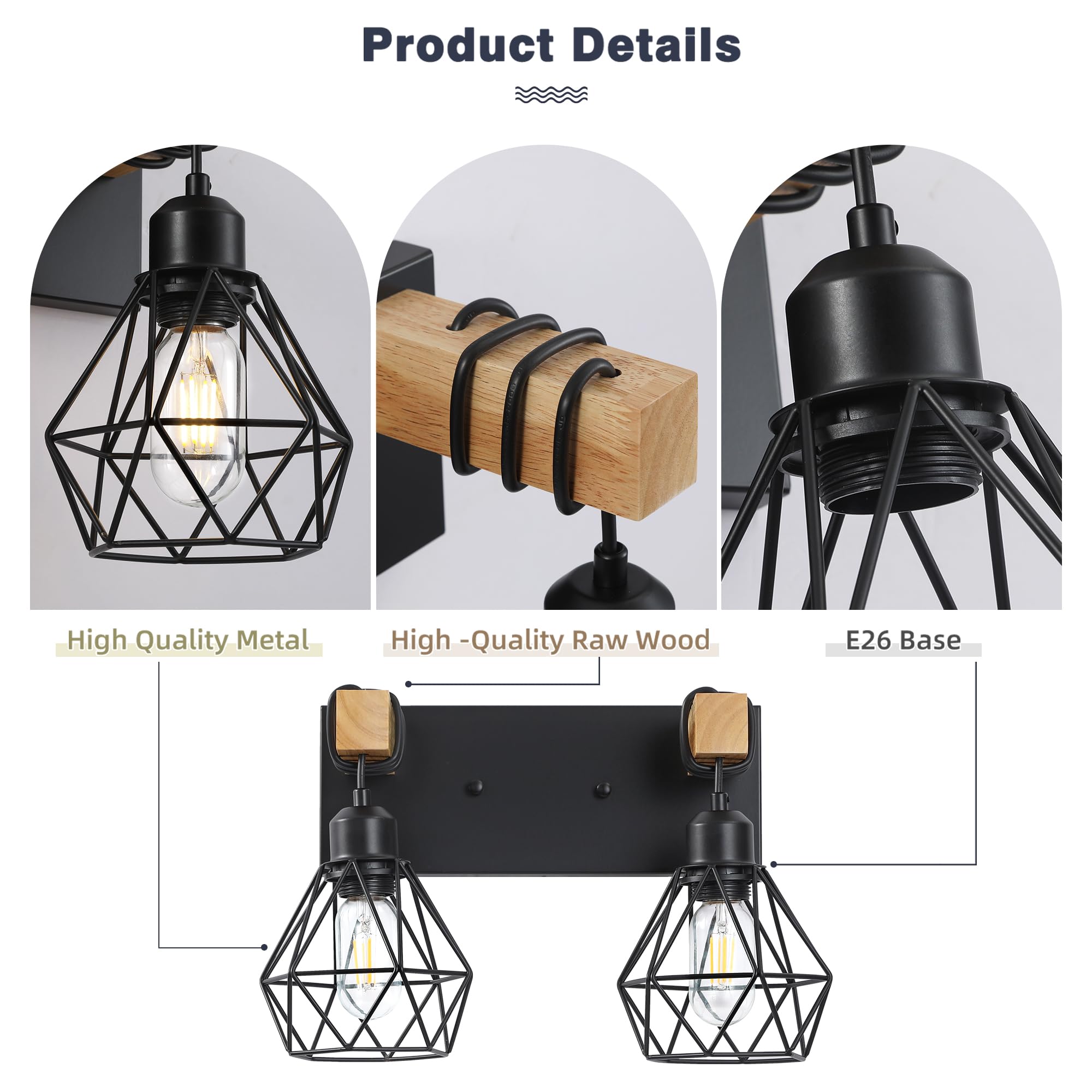 maesta Farmhouse Bathroom Vanity Light, 3-Light Metal Sconces, Black, Model A021-2