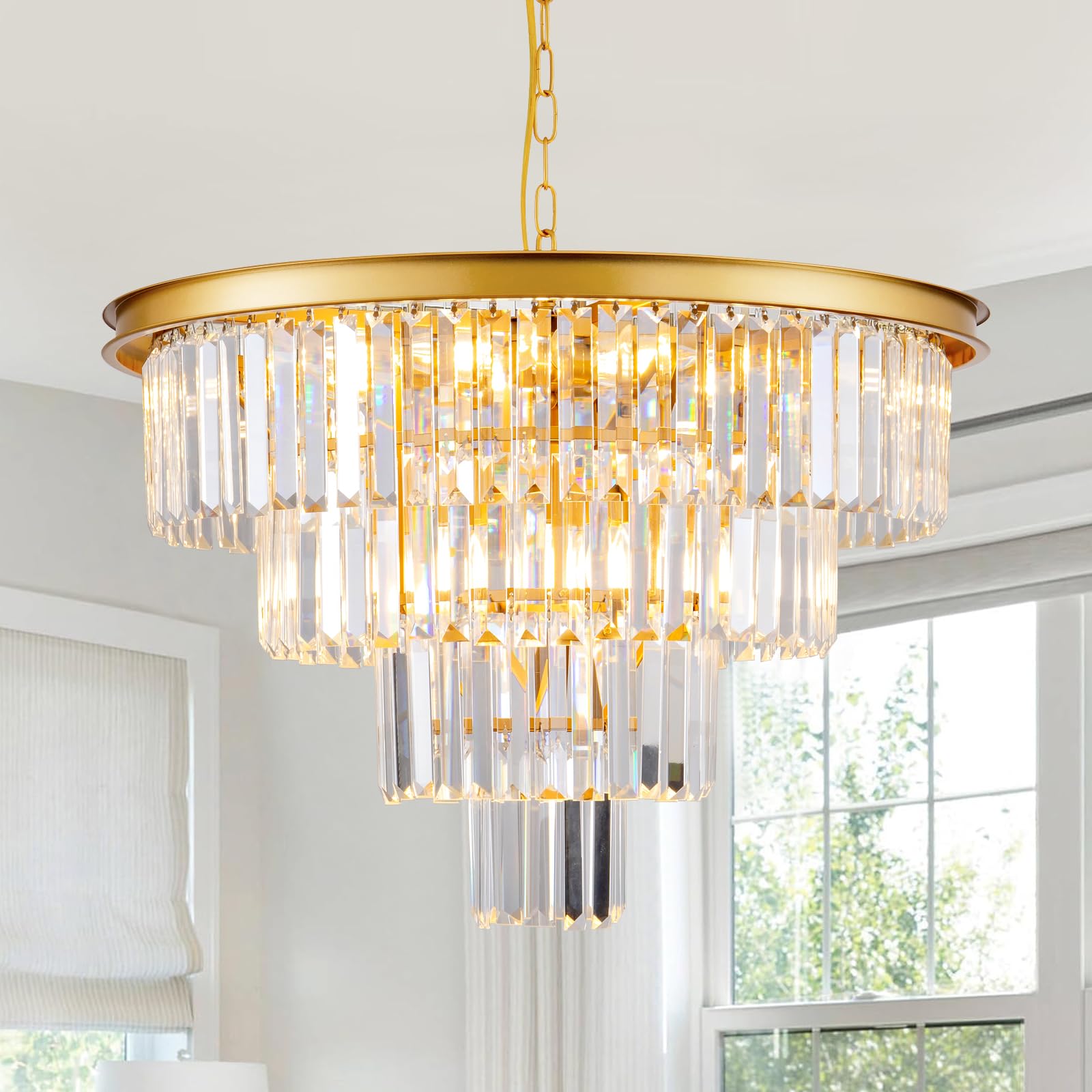 Hccz 10-Light Gold Crystal Chandelier, Round 4-Tier Pendant For Dining Room & Living Spaces