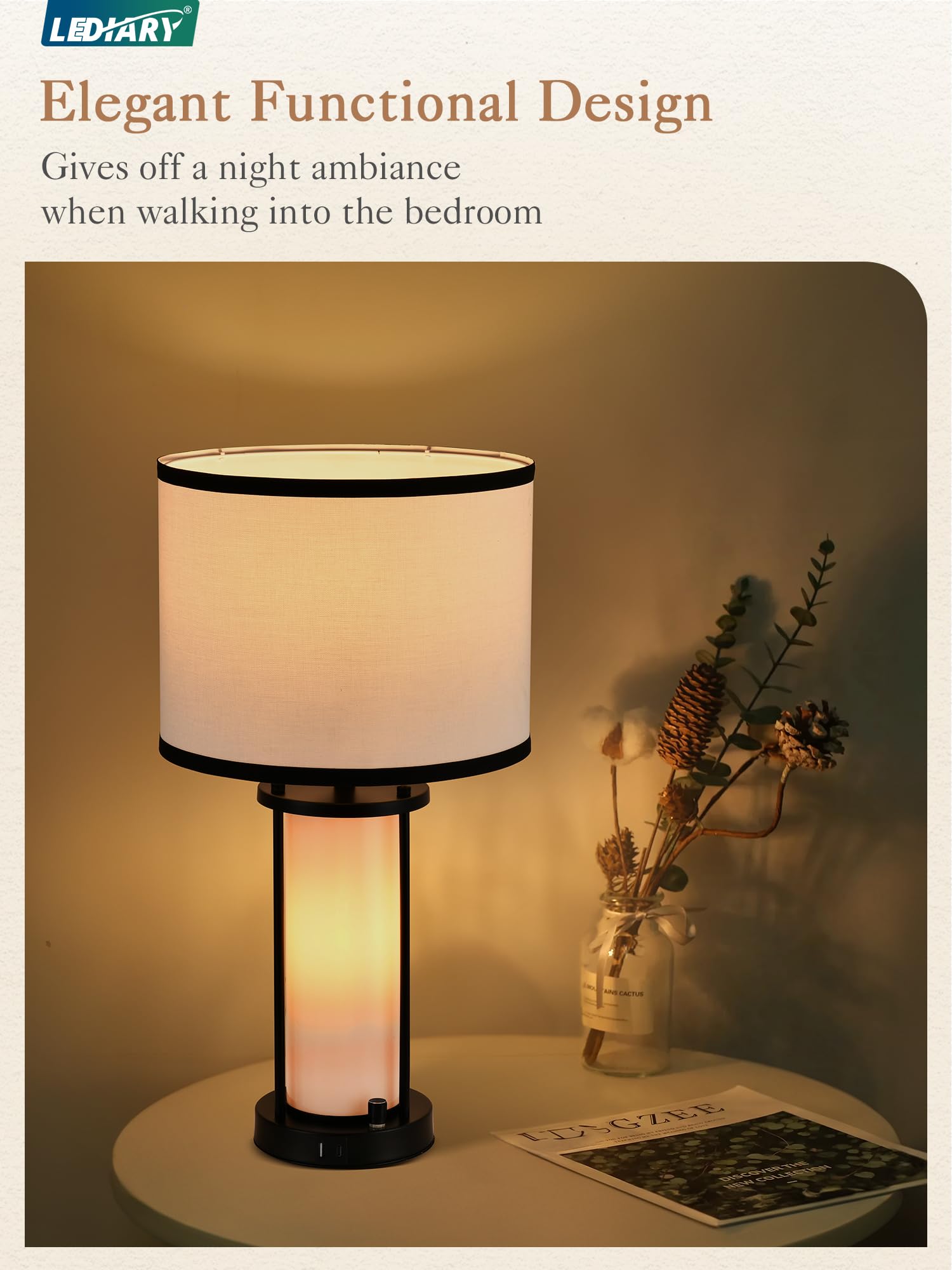 Lediary Lamps For Bedrooms Set Of 2, 20'' Farmhouse Bedside Lamps With Ac Outlet And 2 Usb Ports, Modern Nightstand Lamp With Wh