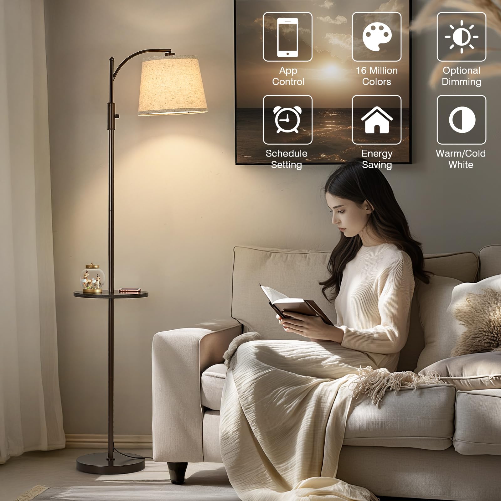 AIDENOEY Smart Floor Lamp with Side Table, RGB Multi-Color, Voice Control, Adjustable Head, Brown, Model HYZC0205