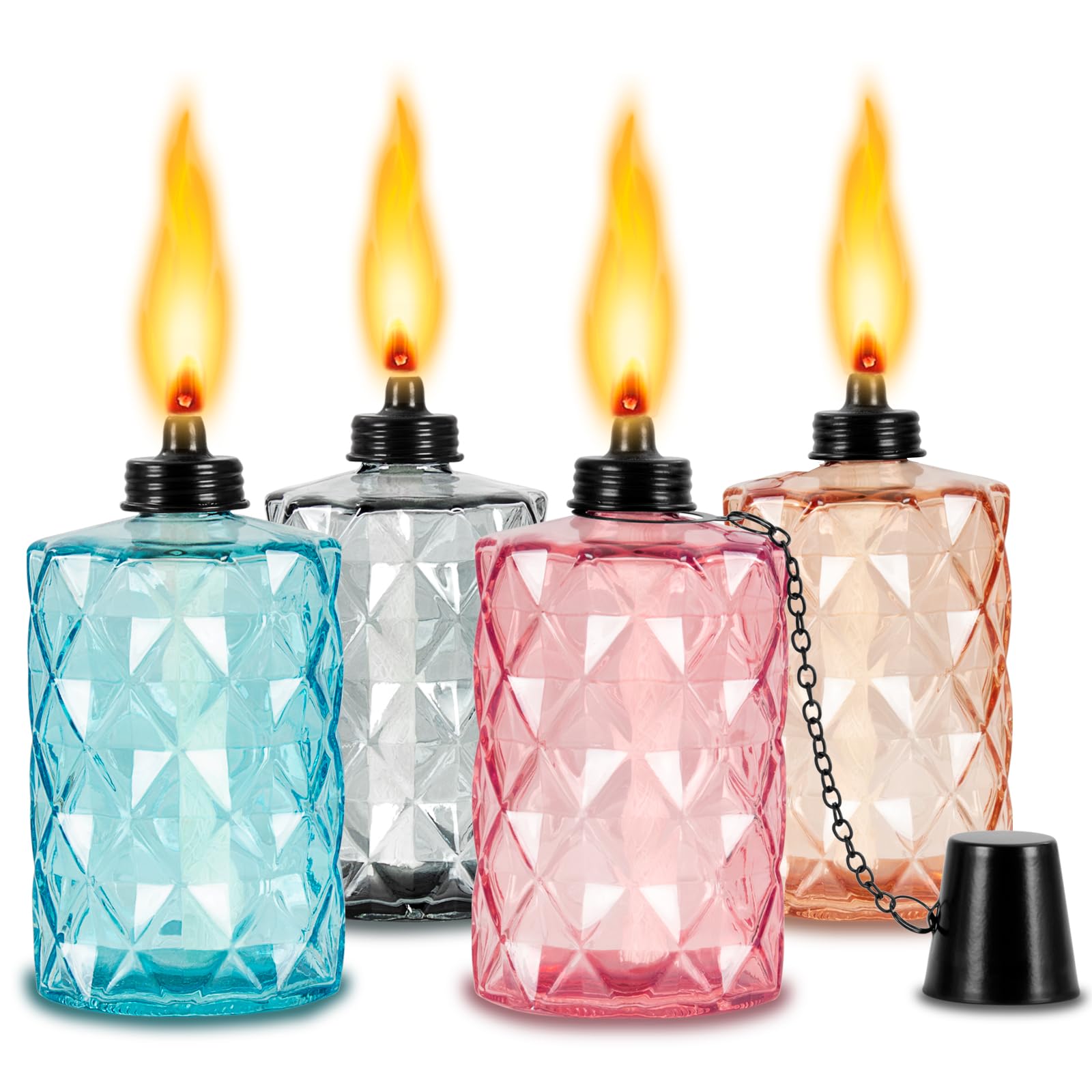 Glass Table Top Torches  4 Pack Citronella Torches for Outside  12oz Flame Light Torch Refillable  Wick and Cap Included  Landscape Lanterns Torches for Garden Yard Patio Party Decor