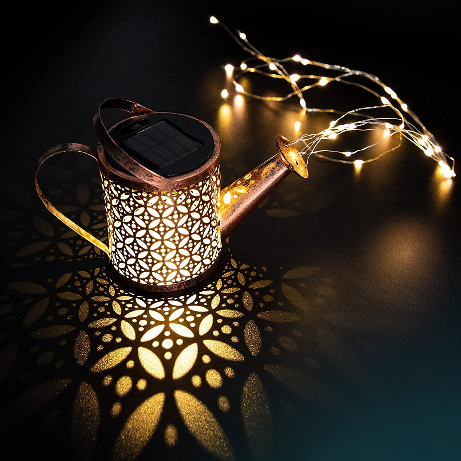 HUYIENO Solar Garden Lights - 2 Pack Hanging Lanterns, Metal Watering Can Design, Warm LEDs, Shepherd Hook for Patio and Yard