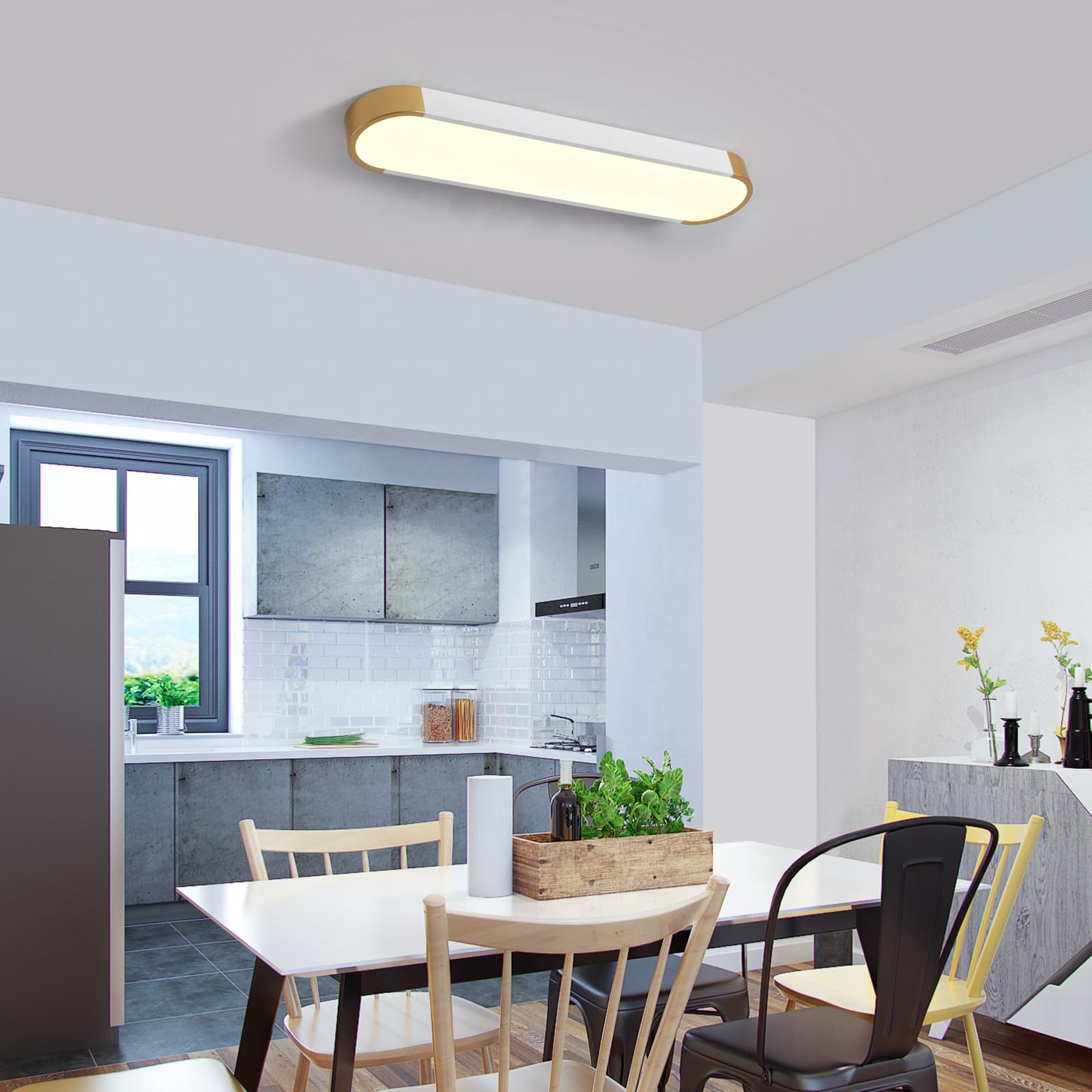 Tioolo Dimmable Led Ceiling Light With Remote 42W Kitchen Lighting Fixtures Ceiling White And Gold Long Ceiling Light Fixture 27.5 Inch Flush Mount Ceiling Lights For Kitchen Dining Room Hallway