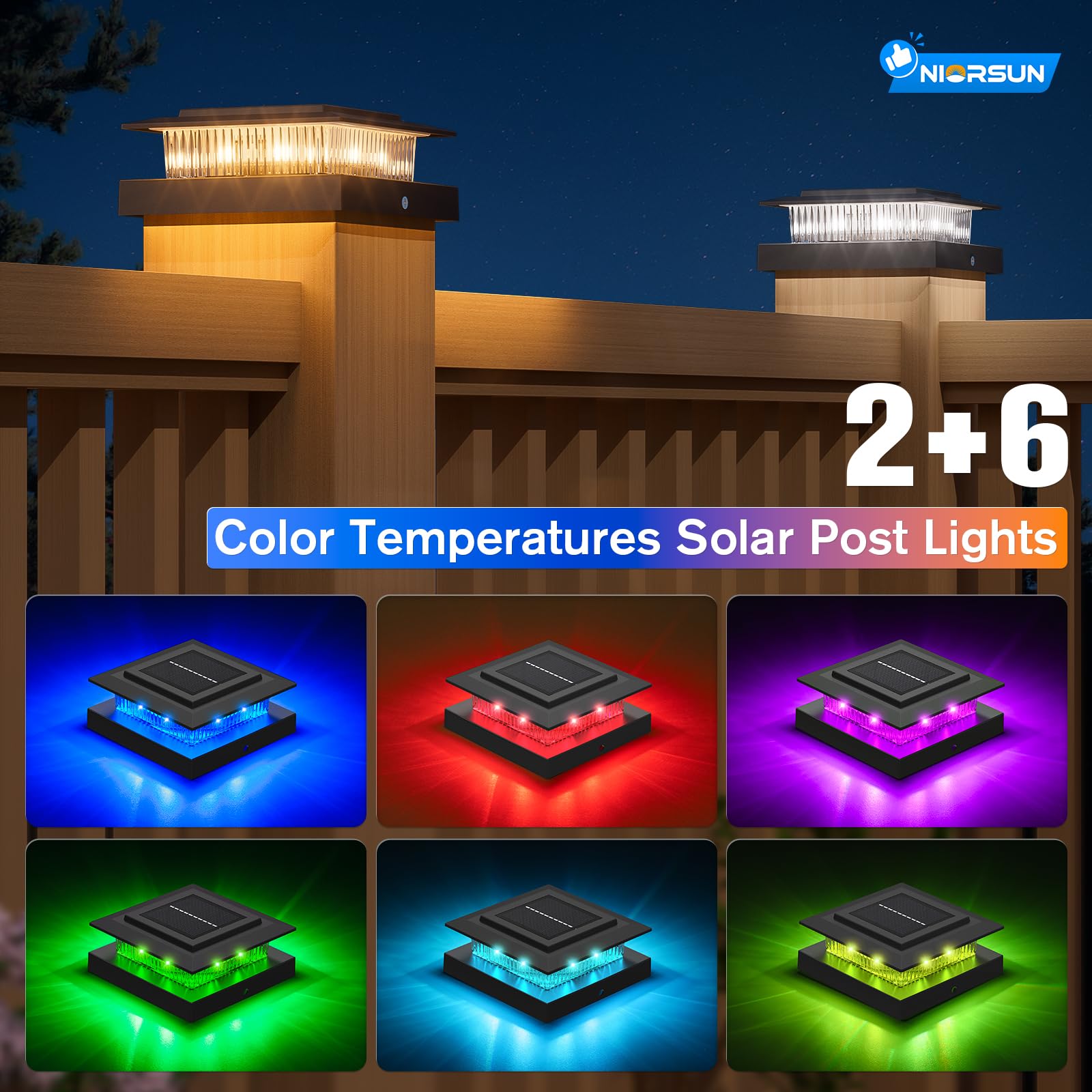 NIORSUN Solar Post Cap Lights, 6 Pack RGB Color Changing, Waterproof for 4x4 Wood Vinyl Posts, Black, Model M013RGB-N