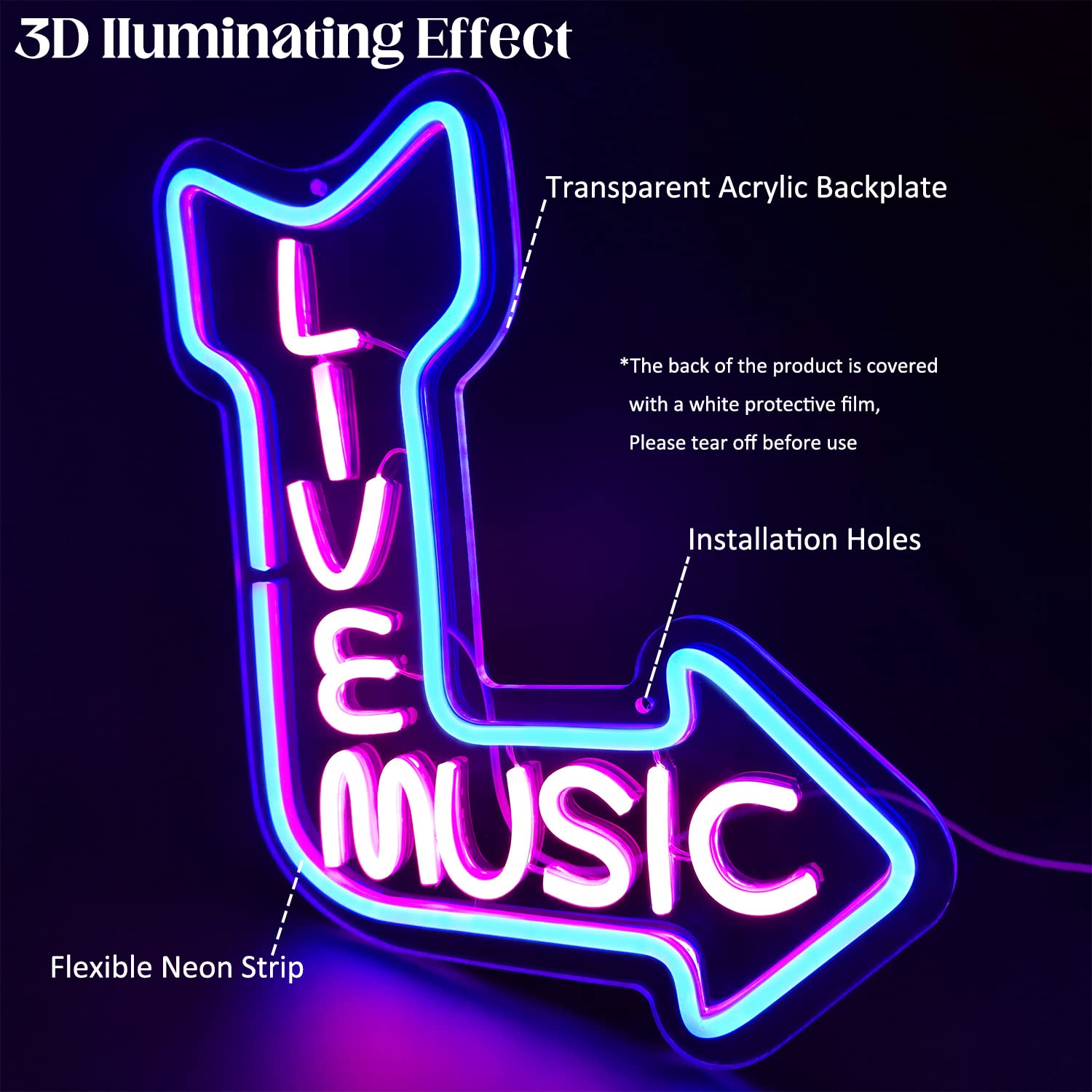 CKTBLEY Live Music Neon Sign LED Wall Decor Pink Blue Acrylic Light for Bedroom Music Studio Game Room Model 0569d1e4-2ee7-4f85-bd67-4