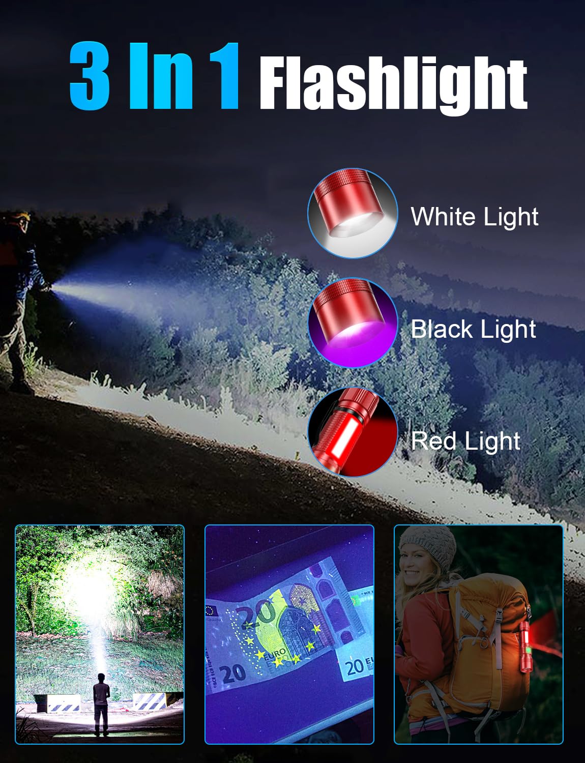 Vnina UV Rechargeable Flashlight, 1000 Lumens, 2 Pack, 5.71 IN, Red, Magnetic Base, Sidelight, Zoomable