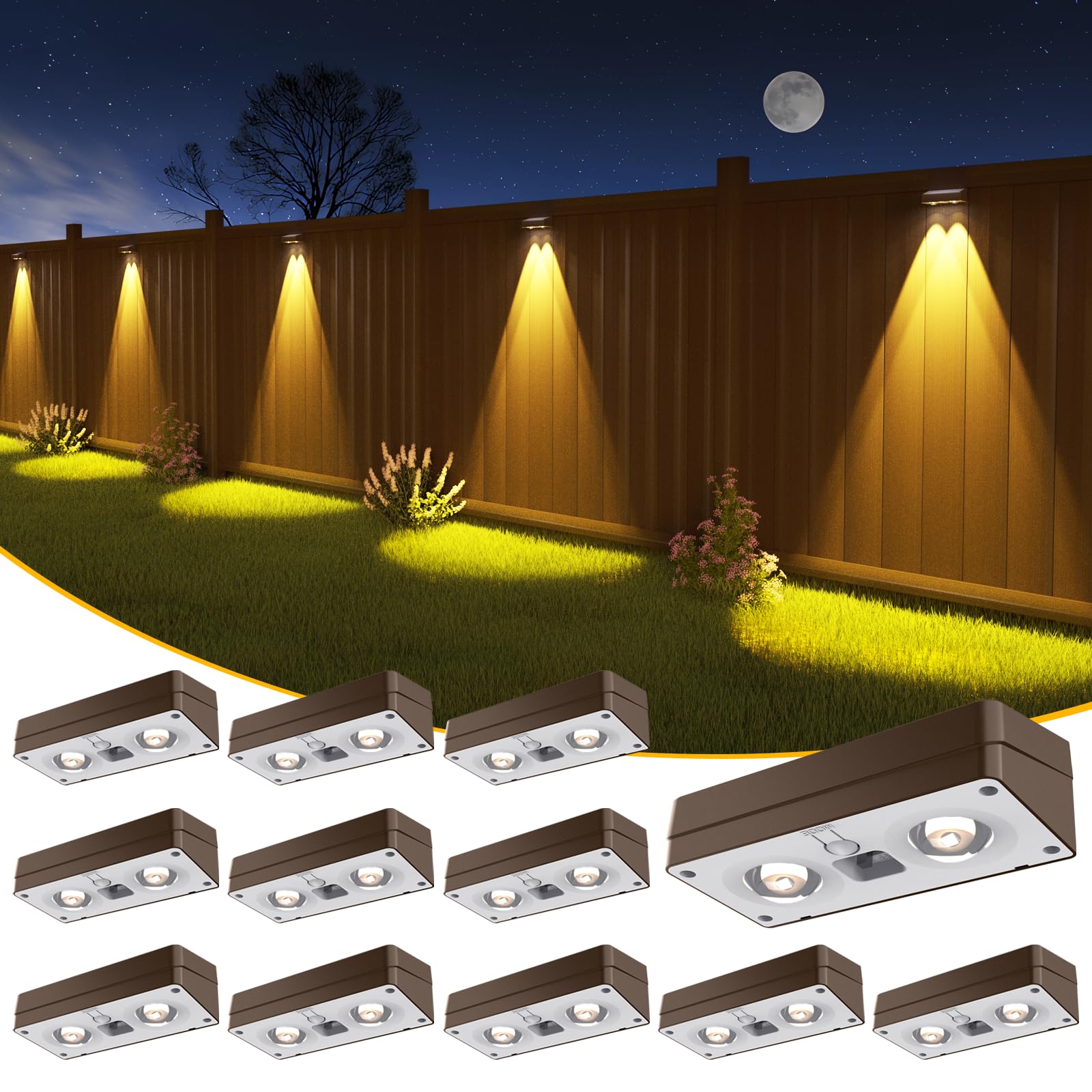 JOFIOS Solar Fence Lights 12 Pack, 50 Lumens, RGB Color Glow, Waterproof IP65, Brown, Model WL15