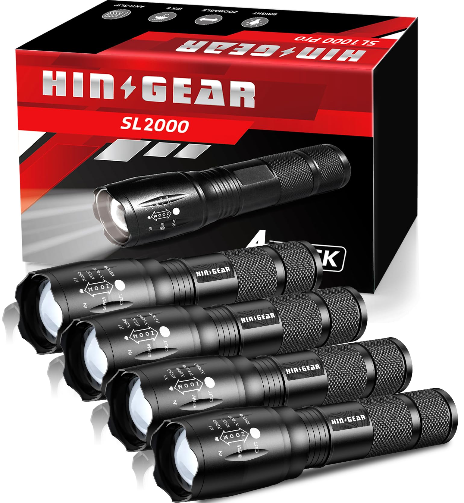 HinsGEAR 1 Mode Flashlights 4 Pack, Super Bright Zoomable LED Tactical Flashlight High Lumens, Water Resistant Portable Pocket F