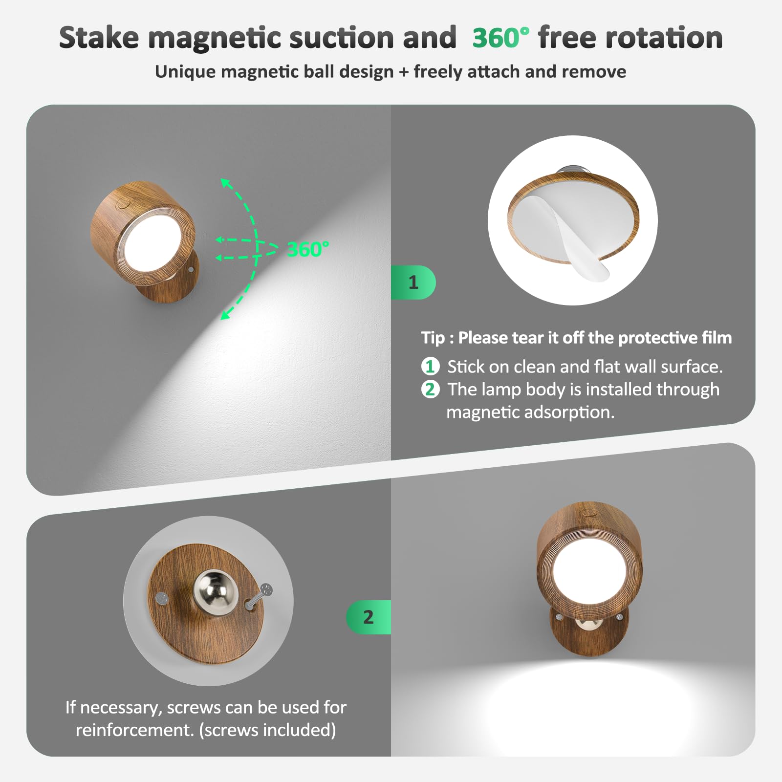 Lightbiz LED Wall Sconces - 2 Pcs Rechargeable, Dimmable, 3 Color Temp, Magnetic 360° Rotation, Walnut Wood, Model X120