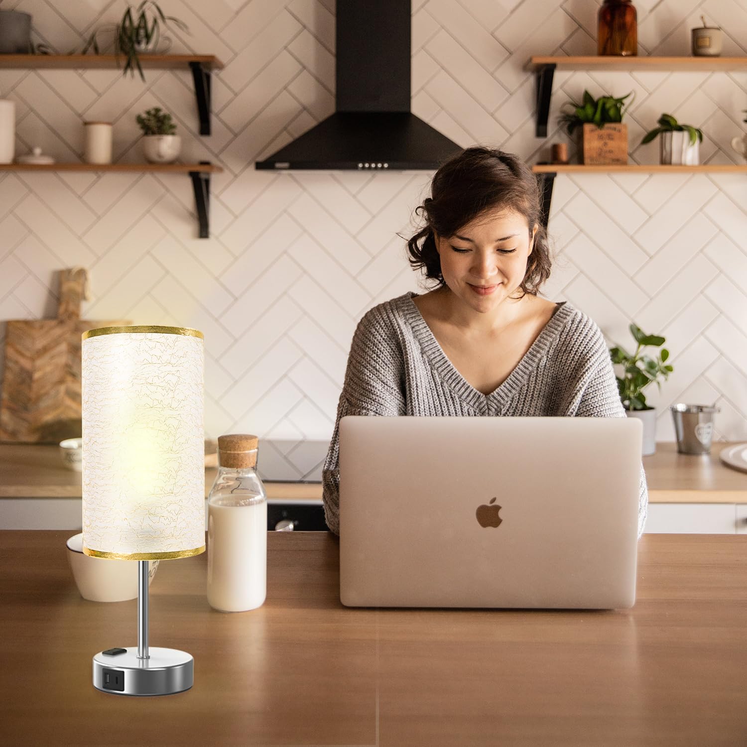 YIDPU Table Lamp - Touch Control, USB C+A Ports, 3-Color LED, Linen Shade, Gold, 1PCS