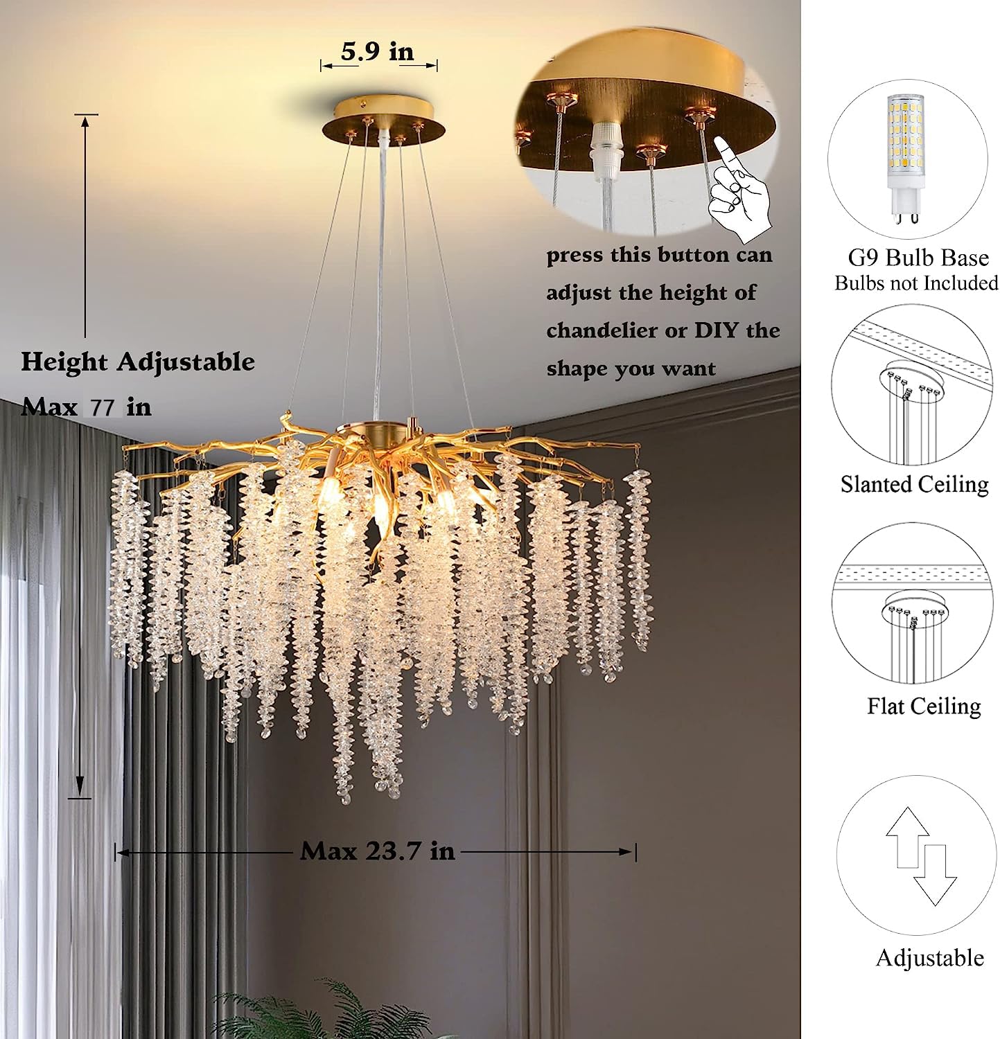 Puvaue Gold Crystal Tree Branches Chandelier 9-Light Round Pendant Light 23.7" for Dining Room, Bedroom, Living Room, Entryway