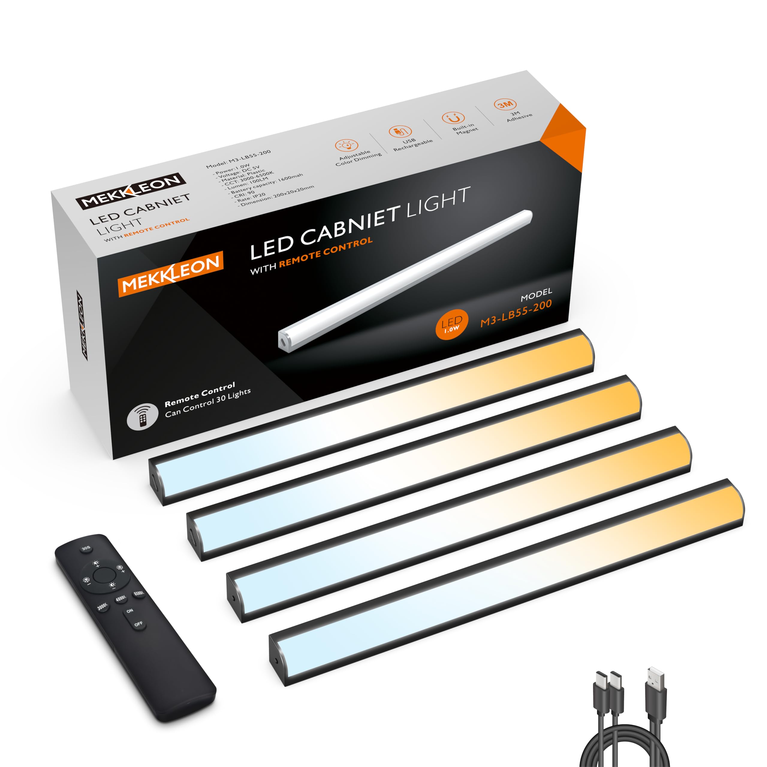 MEKKLEON Under Cabinet Lights, Magnetic Rechargeable Light Bar, 20 CM, Black, Model LB55, Wireless for Kitchen, Wardrobe, Shelf